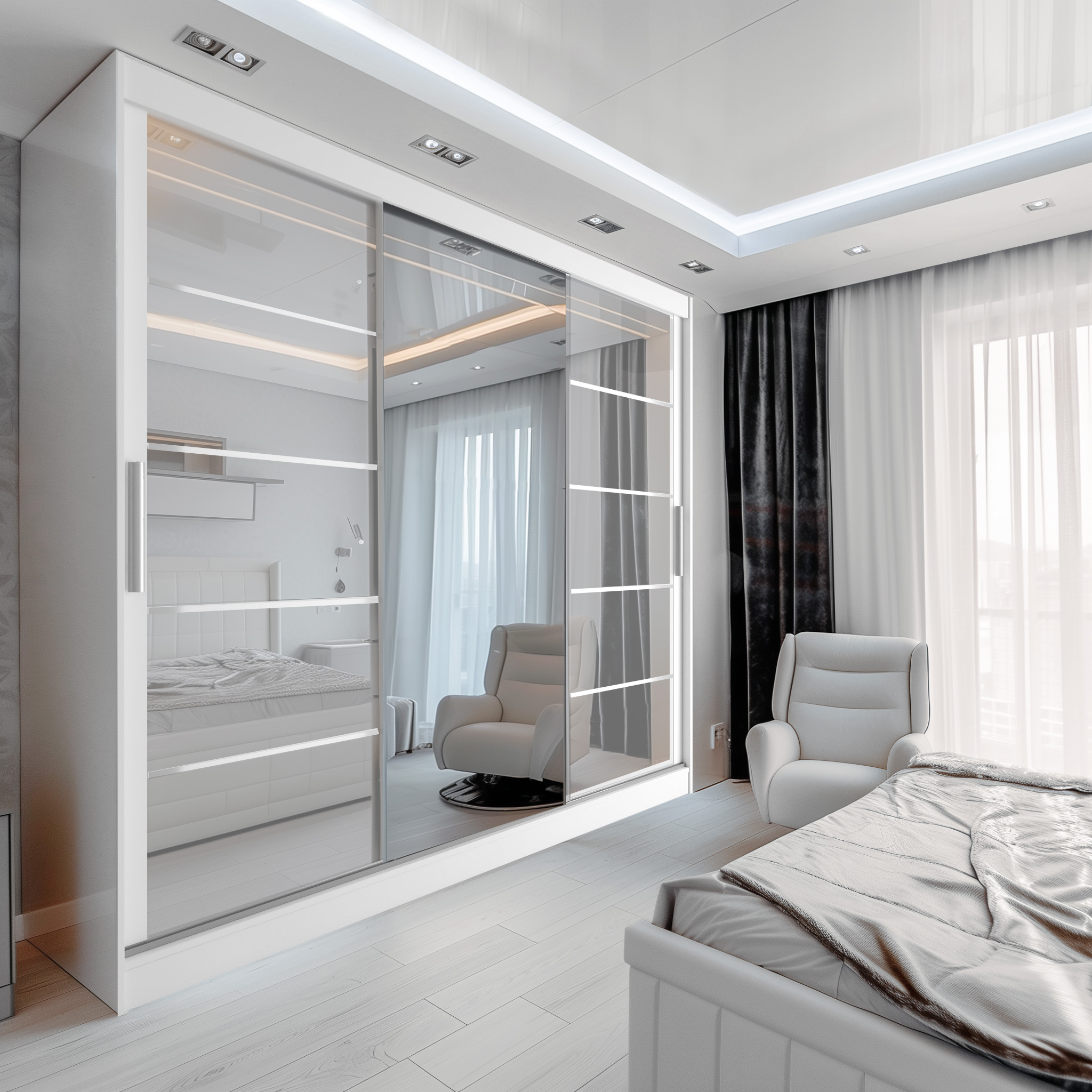 Helle und gemütliche Schlafzimmer mit Spiegelschrank