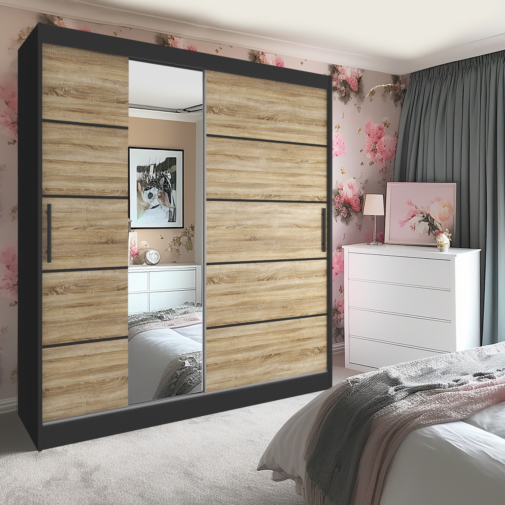 Schlafzimmer mit Holzschrank und weißen Möbeln