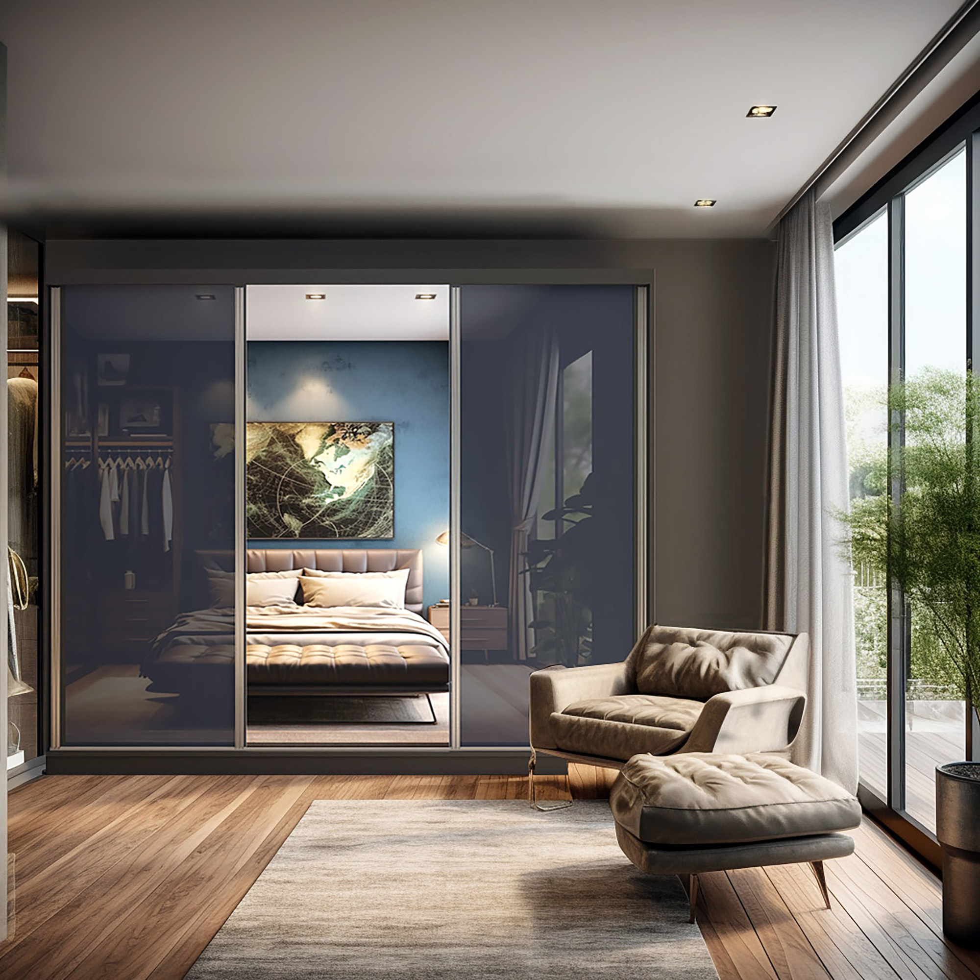 Elegantes Schlafzimmer mit großem Fenster und Sitzecke