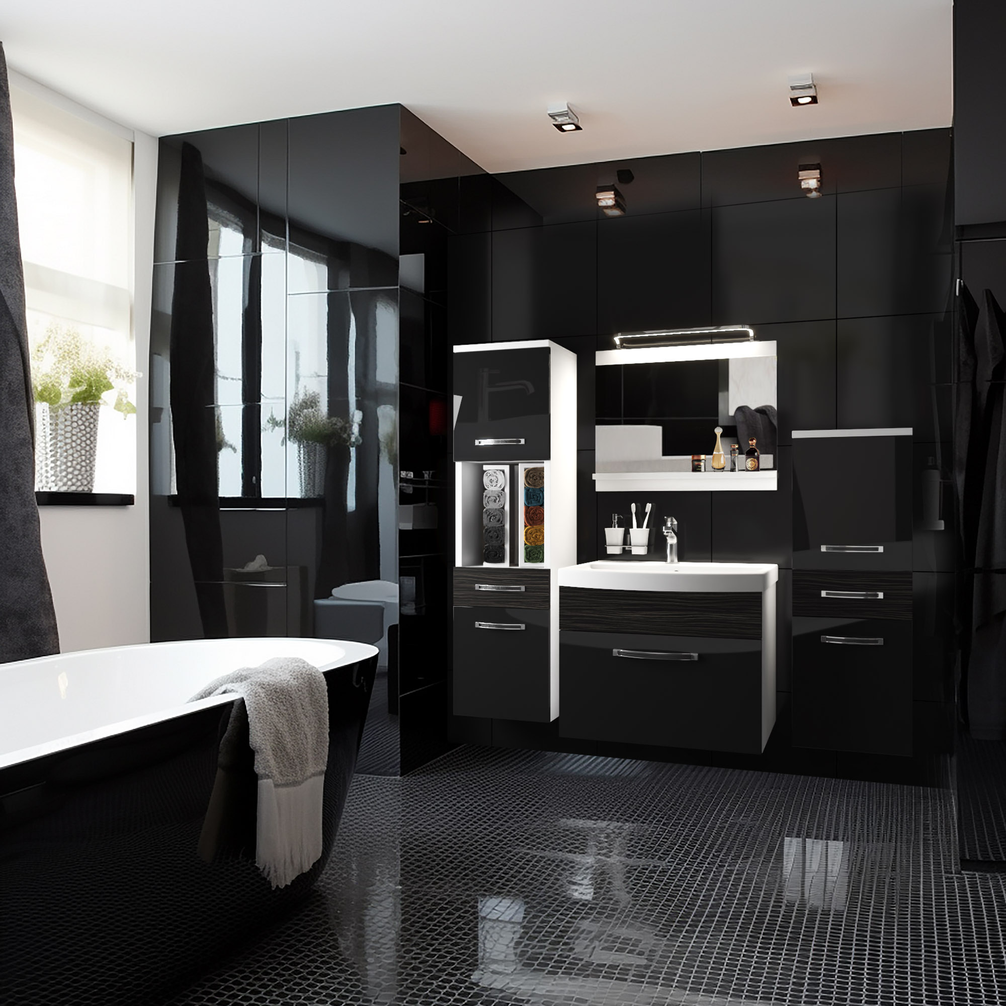 Schwarz-weißes Badezimmer mit modernen Möbeln