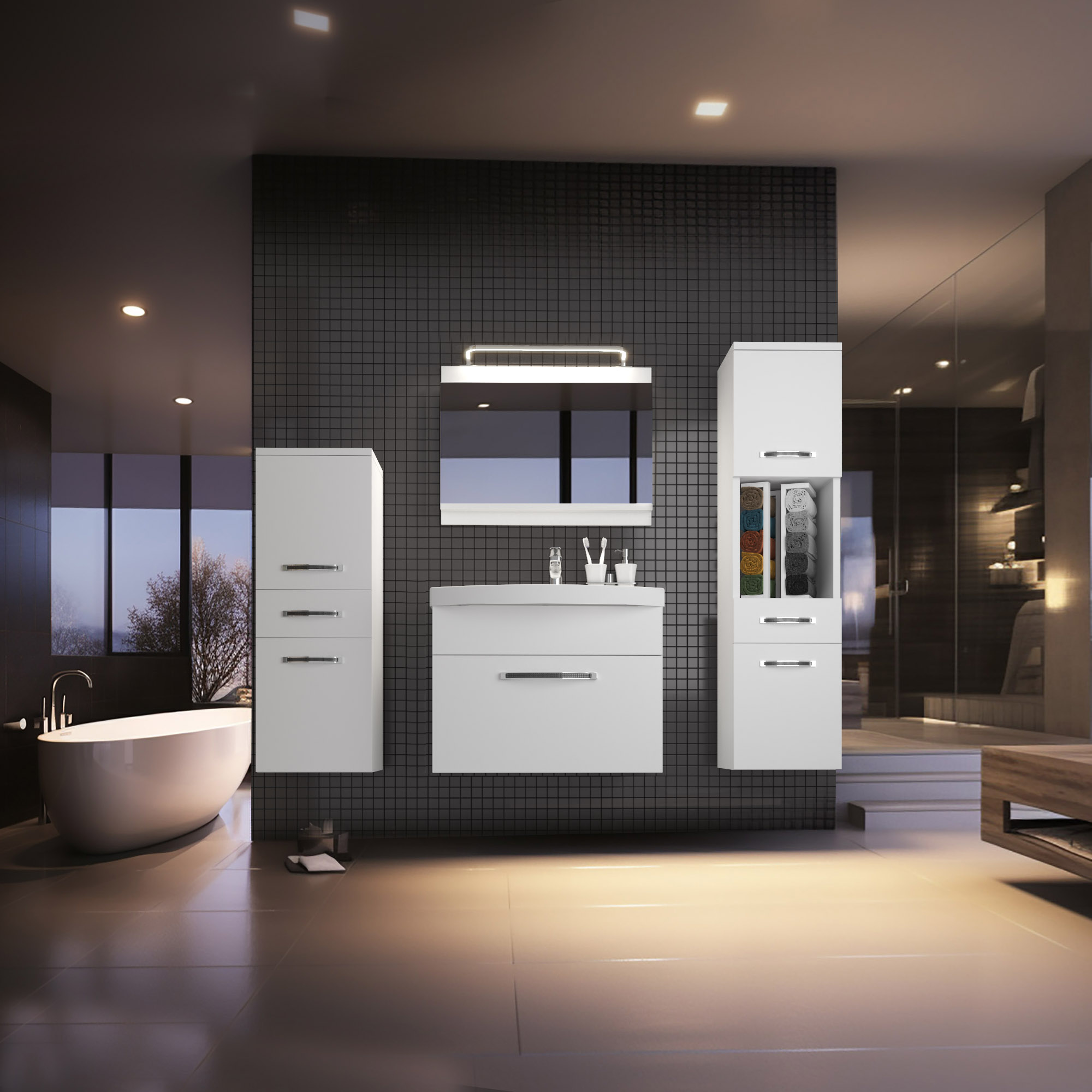 Modernes Badezimmer mit weißen Schränken