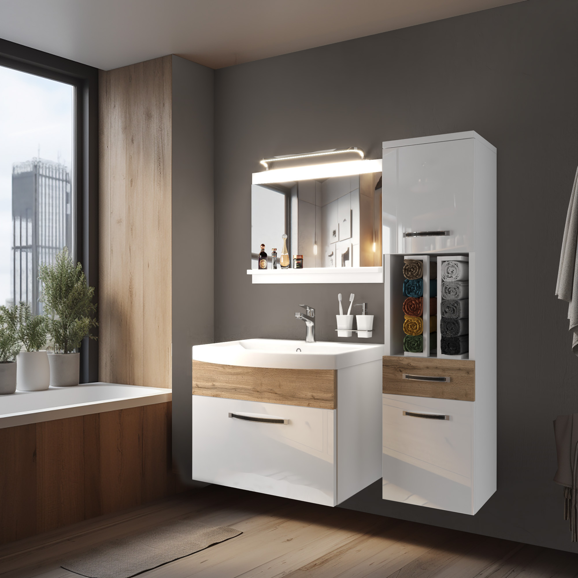 Stilvolles Badezimmer mit Holz- und Weißdetails