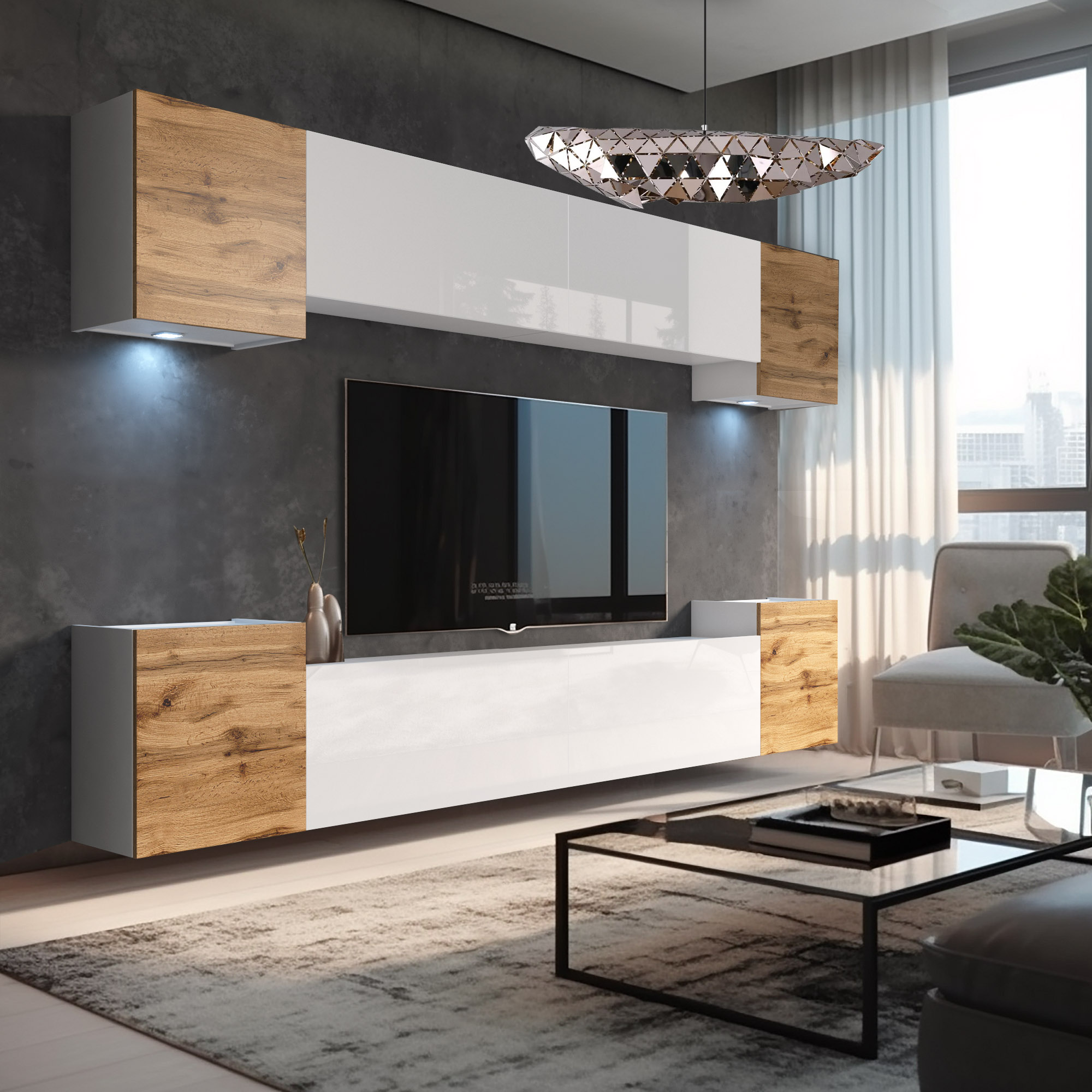 Wohnzimmer mit Holz- und weißen Schrankelementen