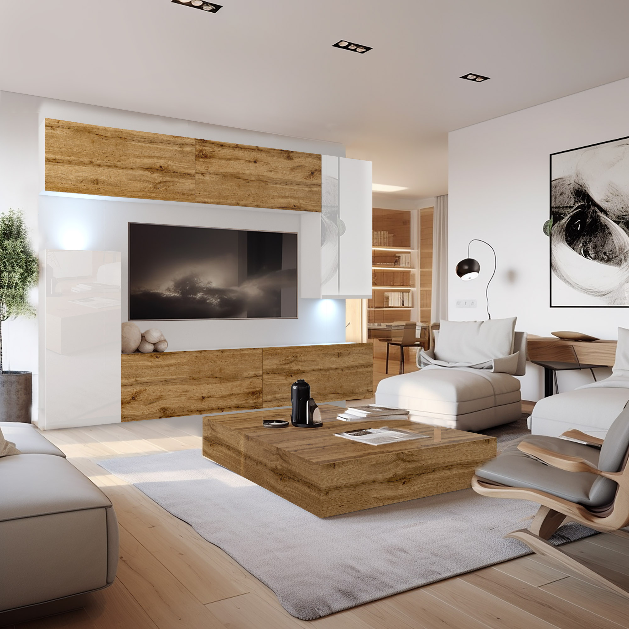 Wohnzimmer mit Holzmöbeln und gemütlicher Atmosphäre