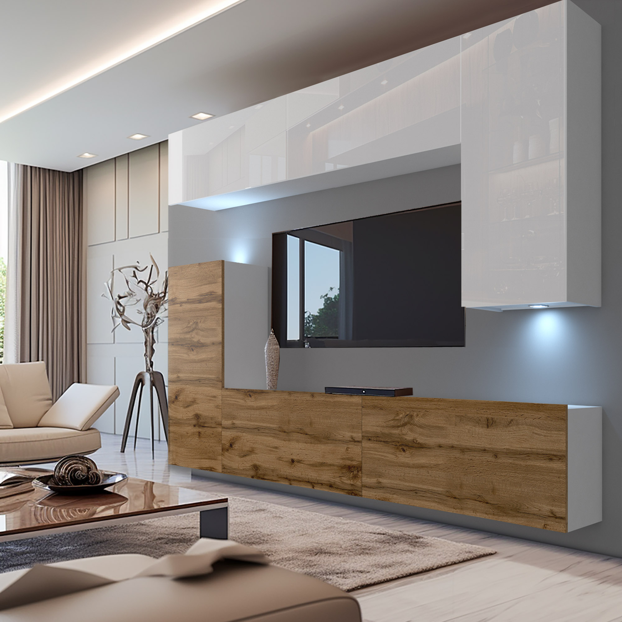 Wohnzimmer mit stilvollen, holzverarbeiteten Möbeln