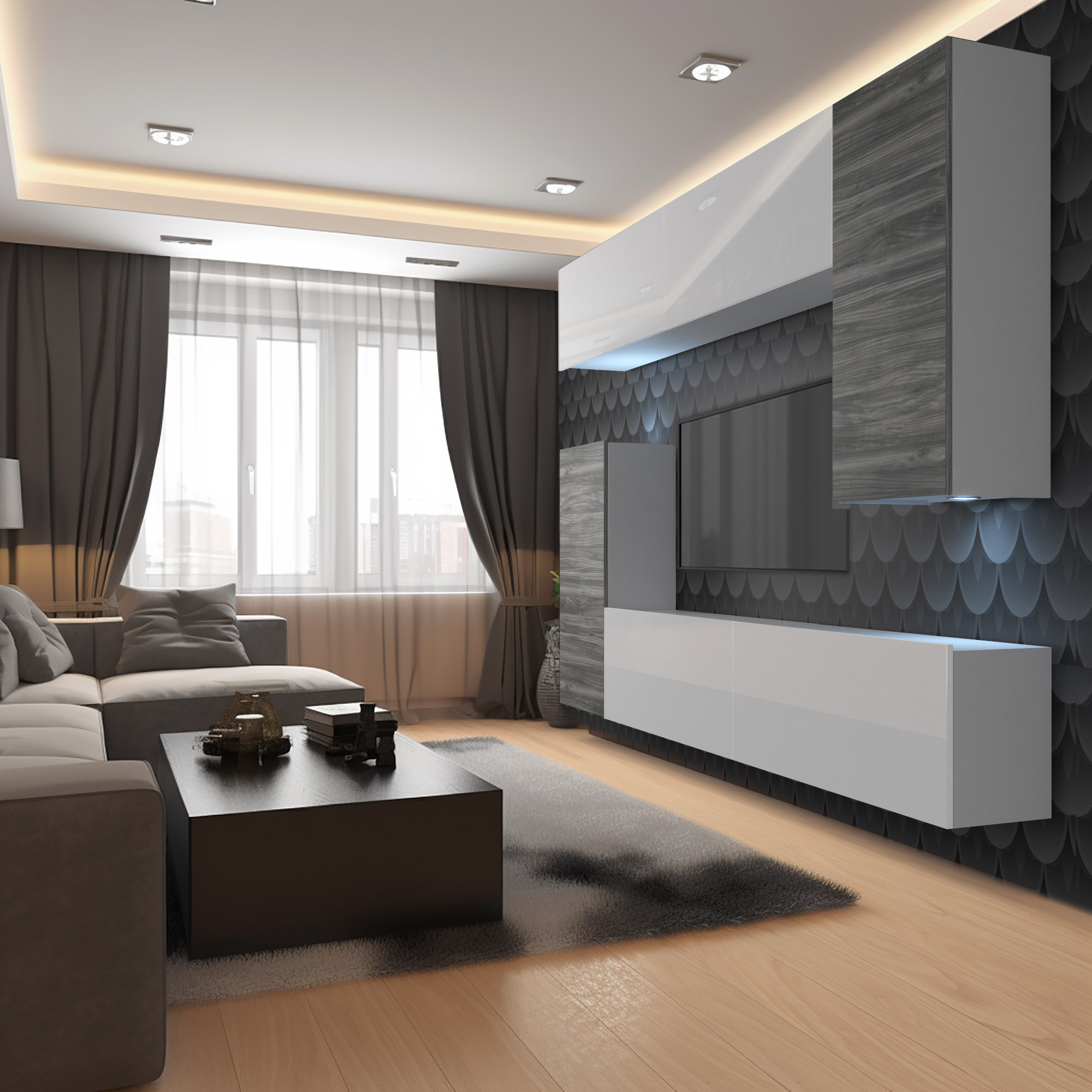 Elegantes Wohnzimmer mit Sofa und Wandregalen