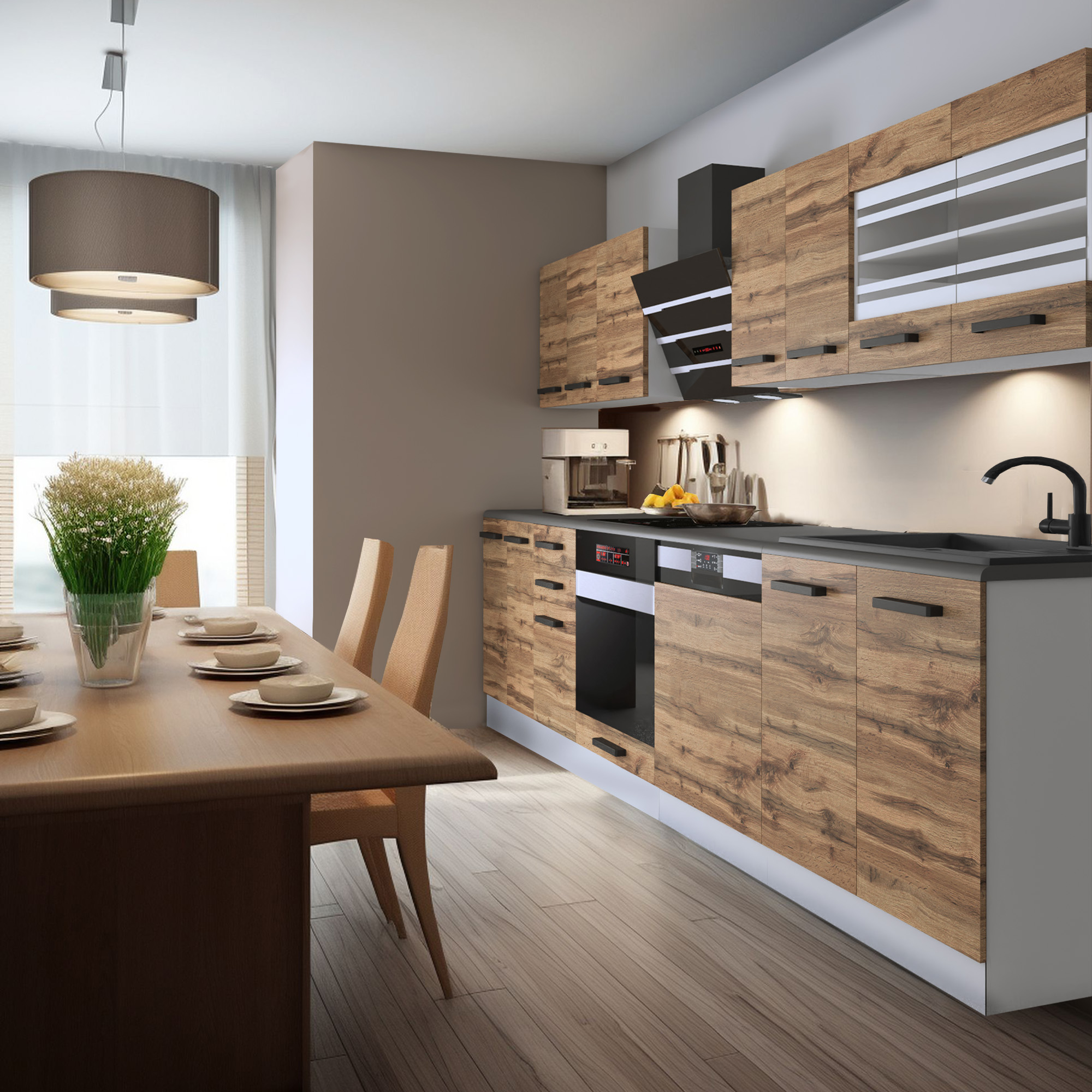 Gemütliche Küche mit Holzdekor und Esstisch