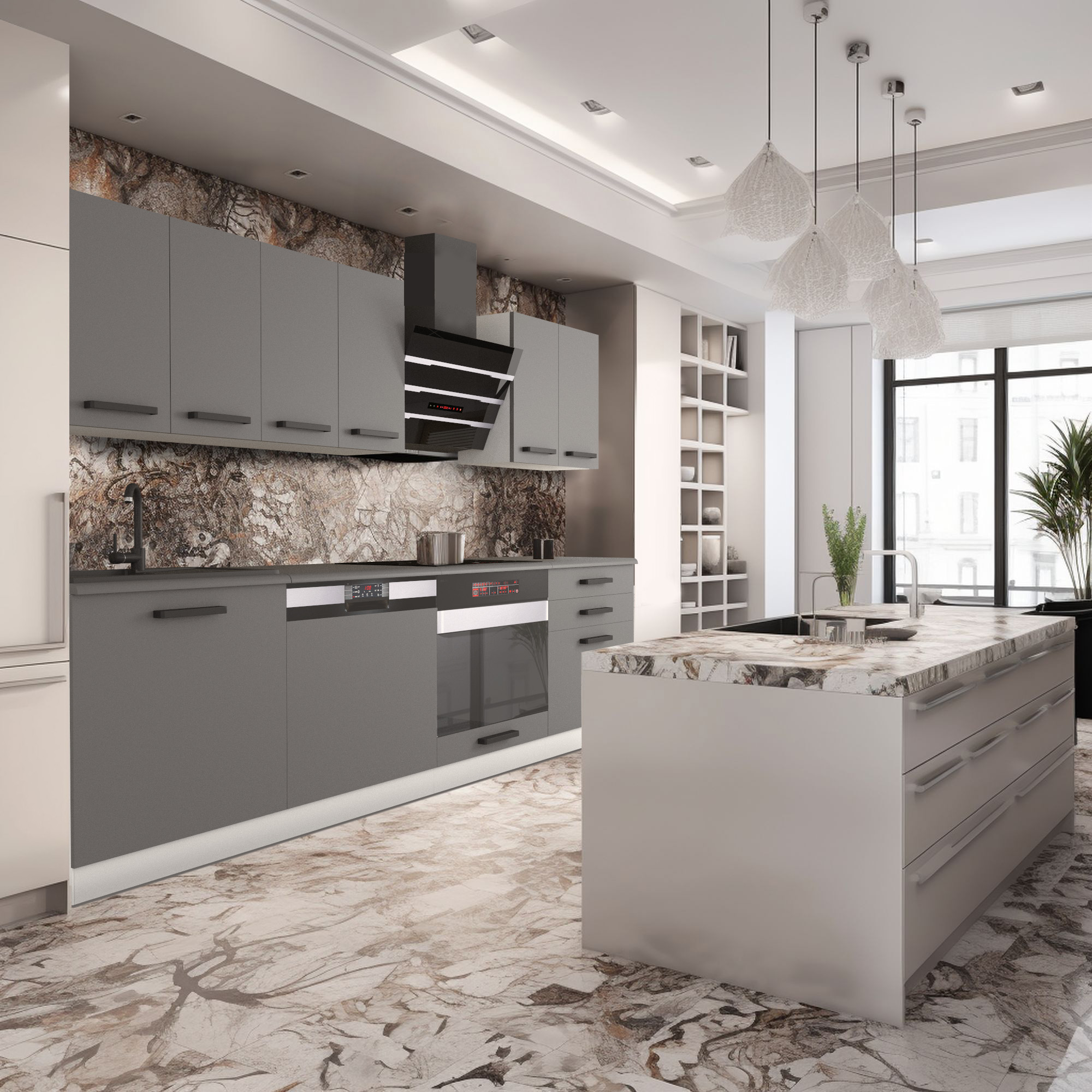 Moderne Küche mit grauen Schränken und Marmordetails