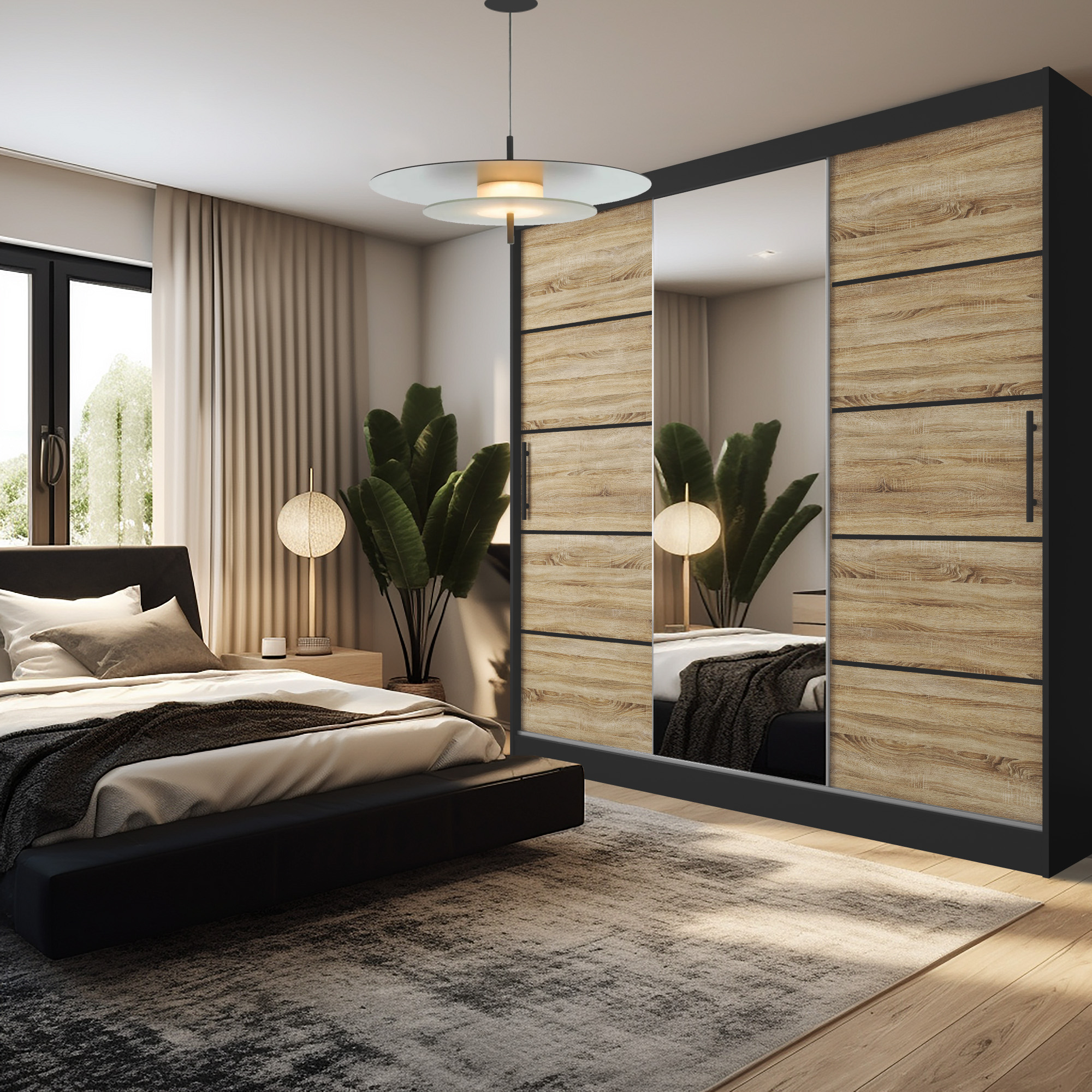 Schlafzimmer mit Holzmöbeln und Pflanzen