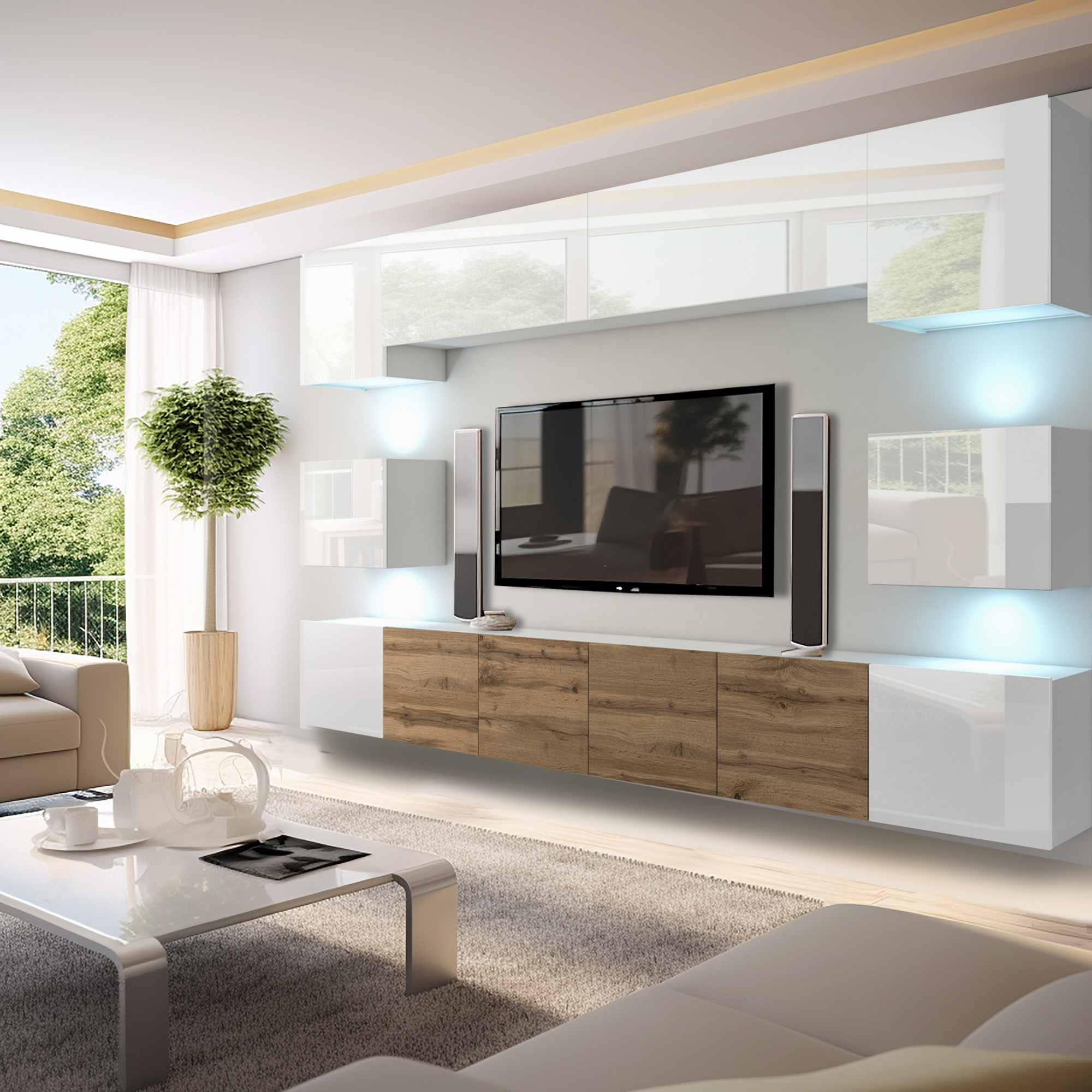 Heller und gemütlicher Wohnraum mit funktionaler TV-Wand