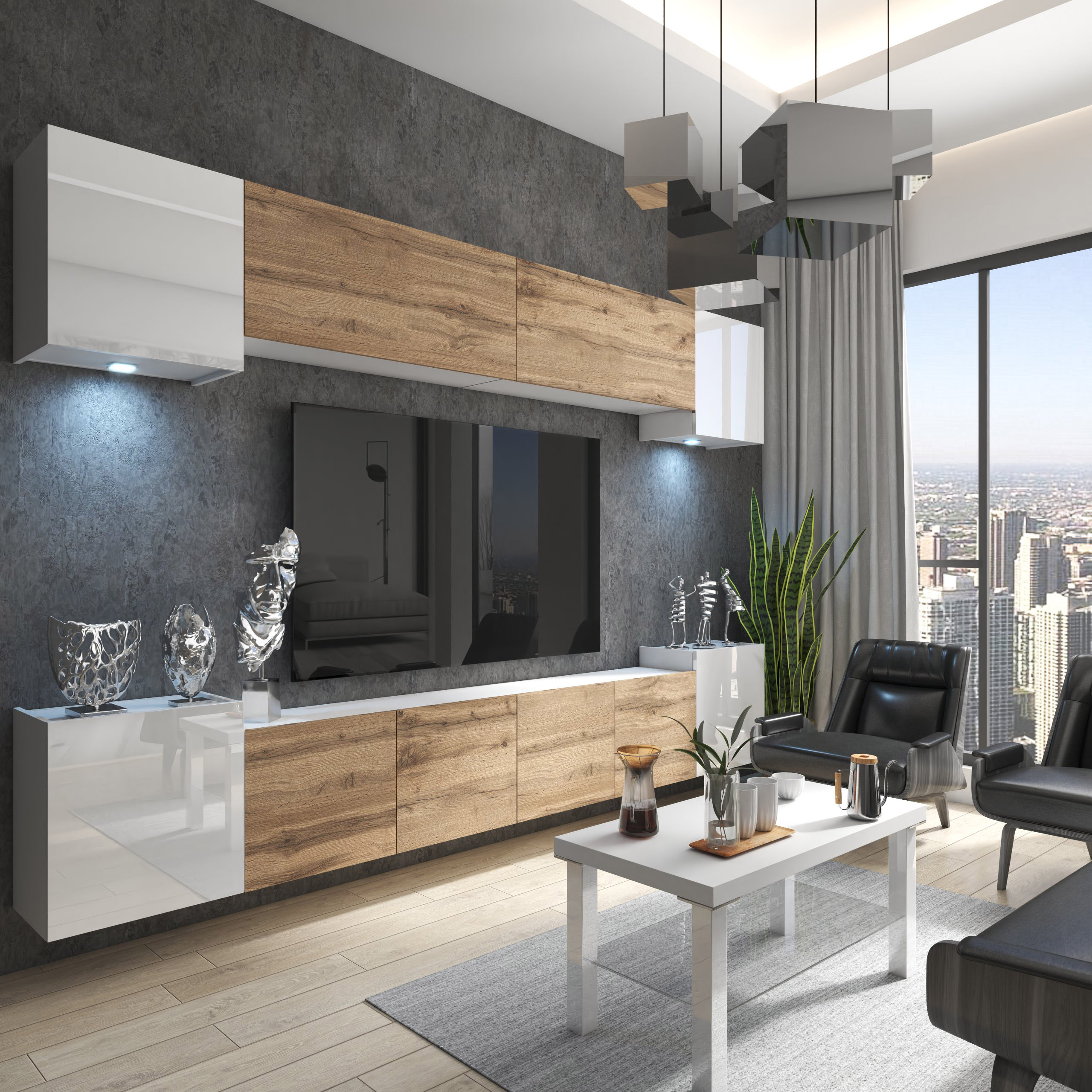 Wohnzimmer mit Holz- und Glaselementen