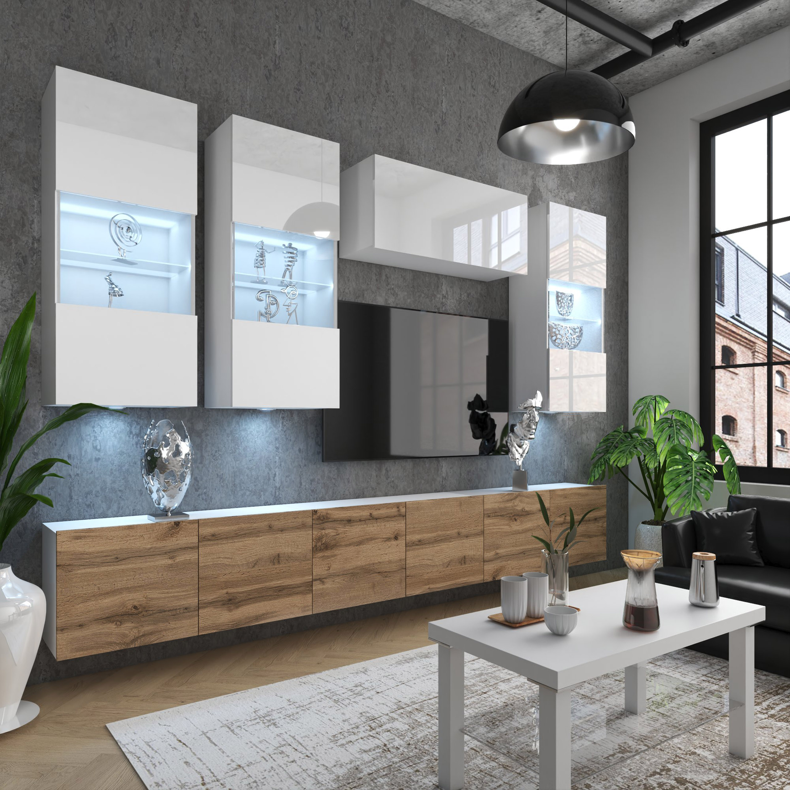 Moderner Wohnbereich mit Holz- und Betonelementen