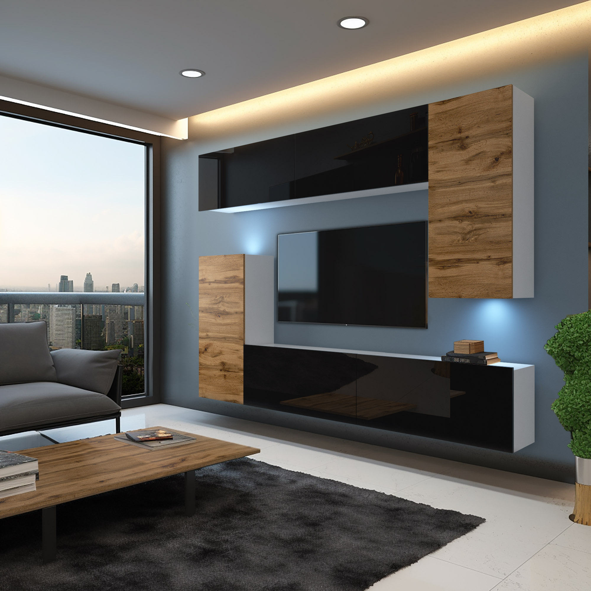 Wohnzimmer mit schwarzen Regalen und Holzelementen