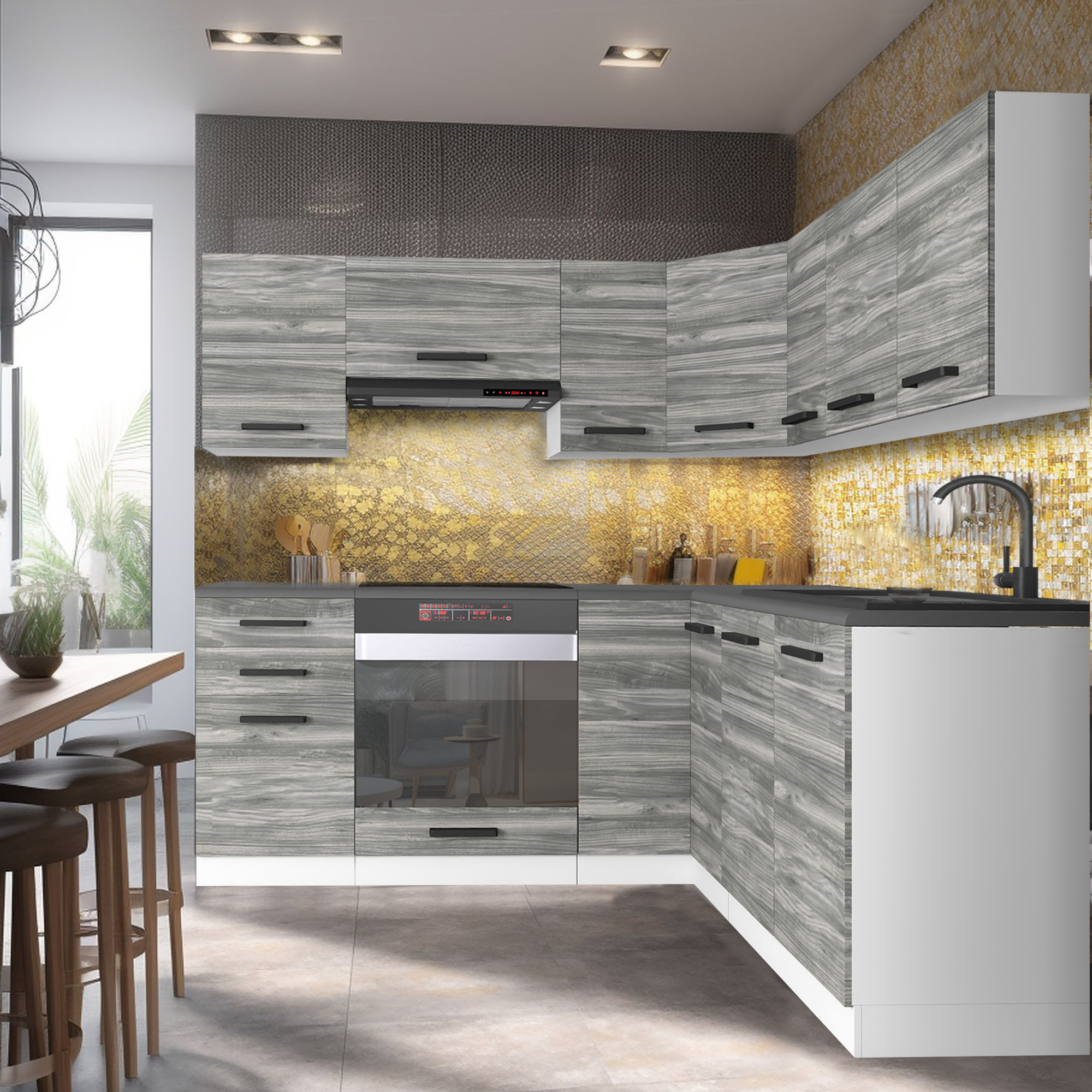Moderne Küche mit Holz- und Goldakzenten