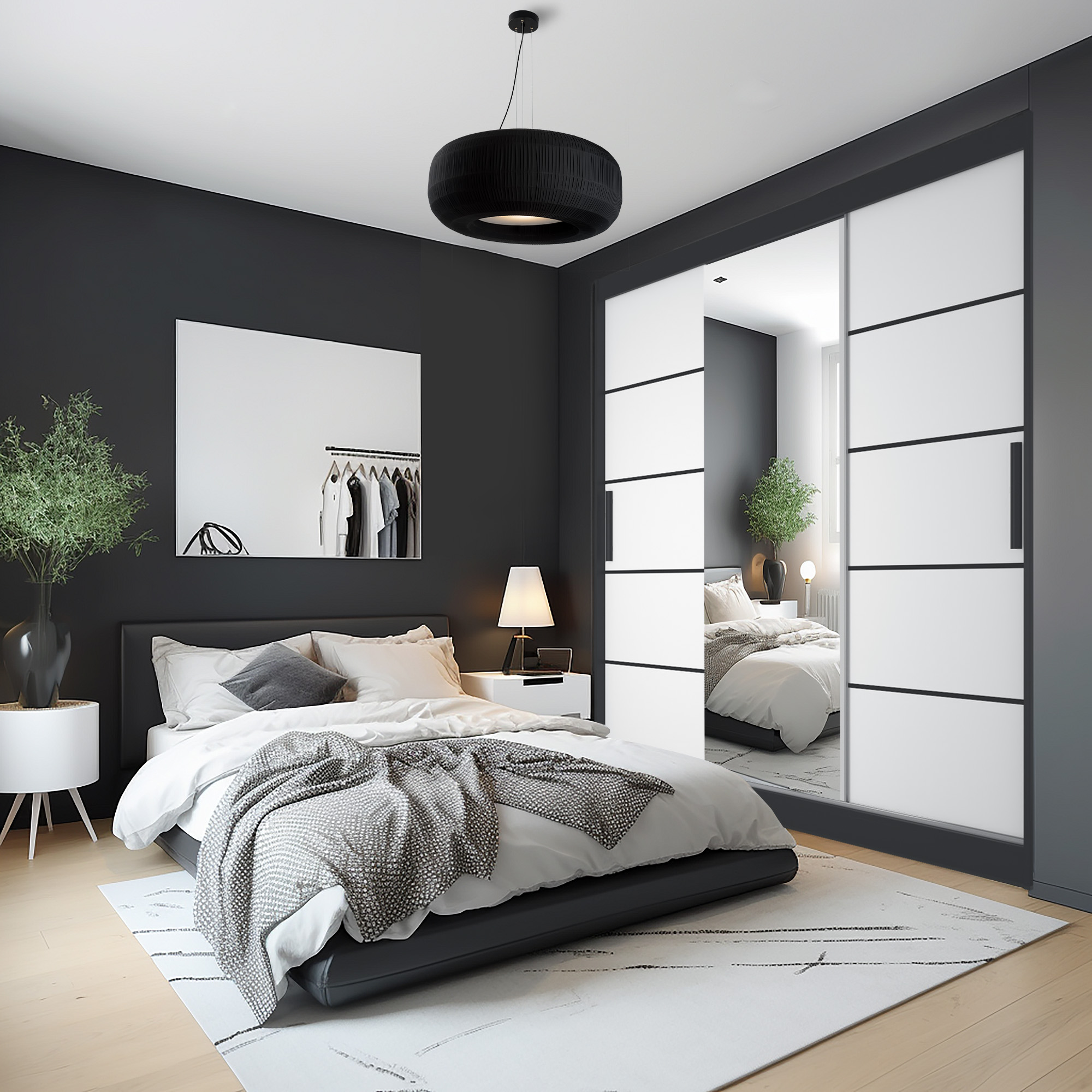 Schlafzimmer mit weißem Schiebetürenschrank und Spiegel