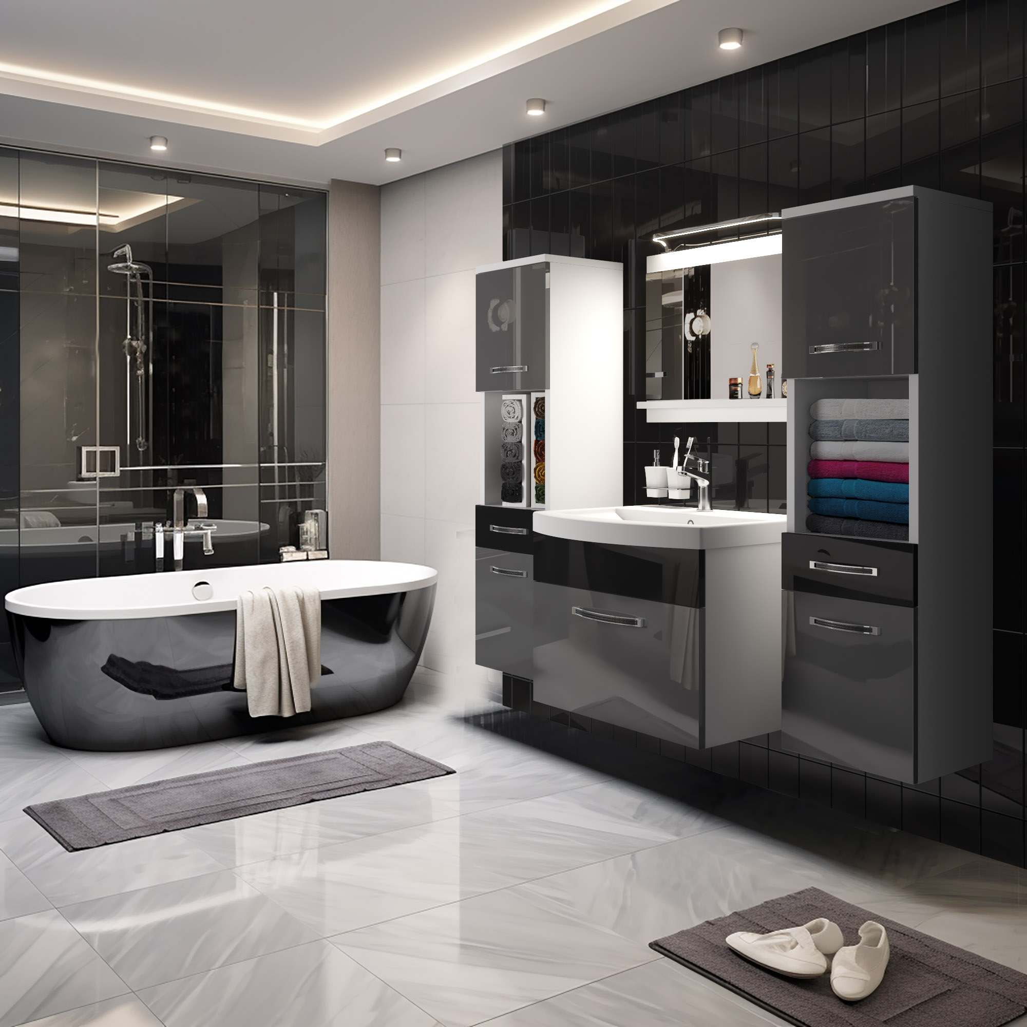 Modernes schwarzes und weißes Badezimmerdesign mit Wanne