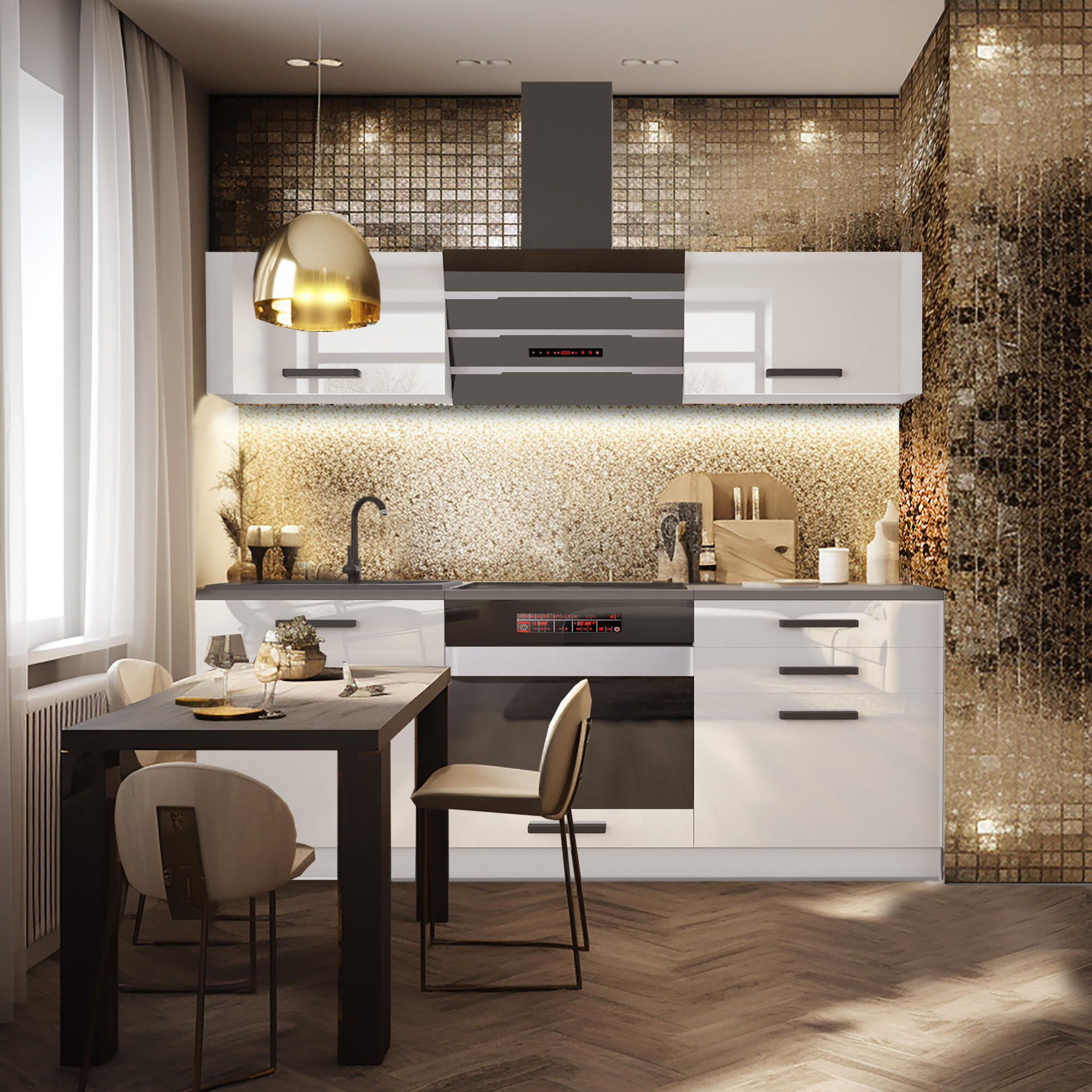 Küche mit goldenen Mosaikfliesen und weißen Fronten