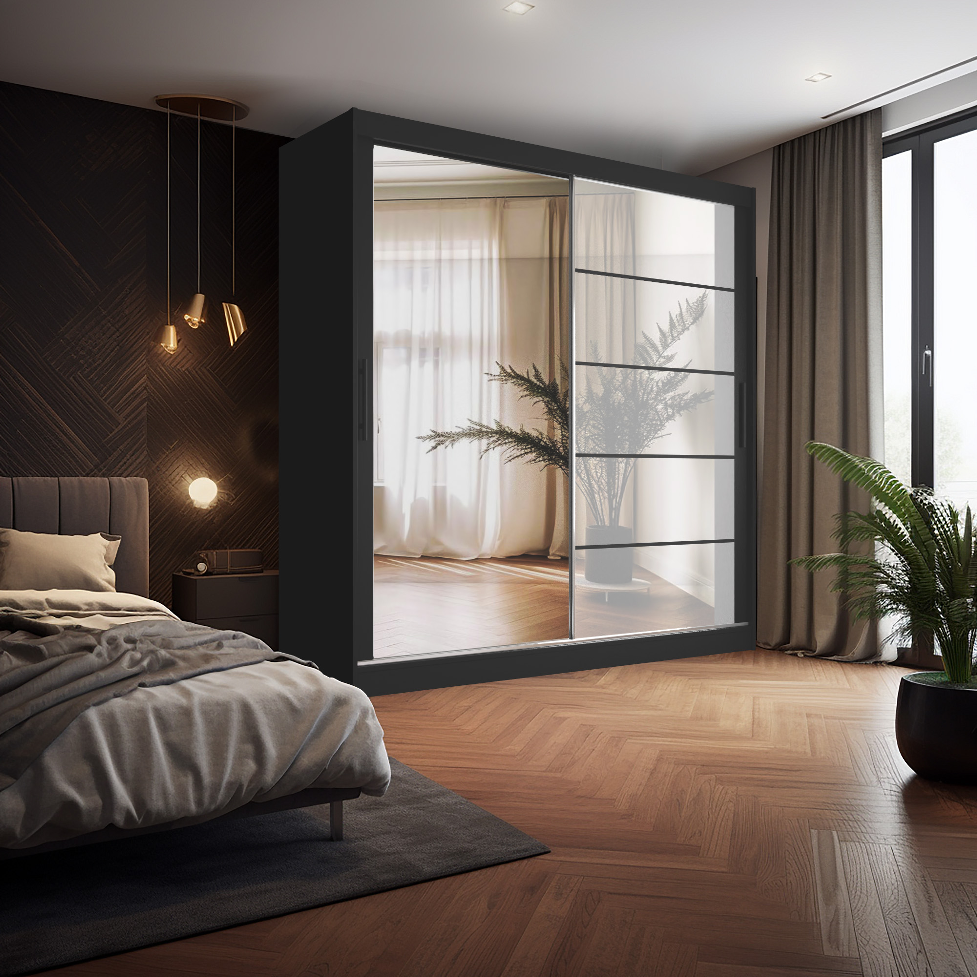Stilvolles Schlafzimmer mit Kleiderschrank und Pflanzen