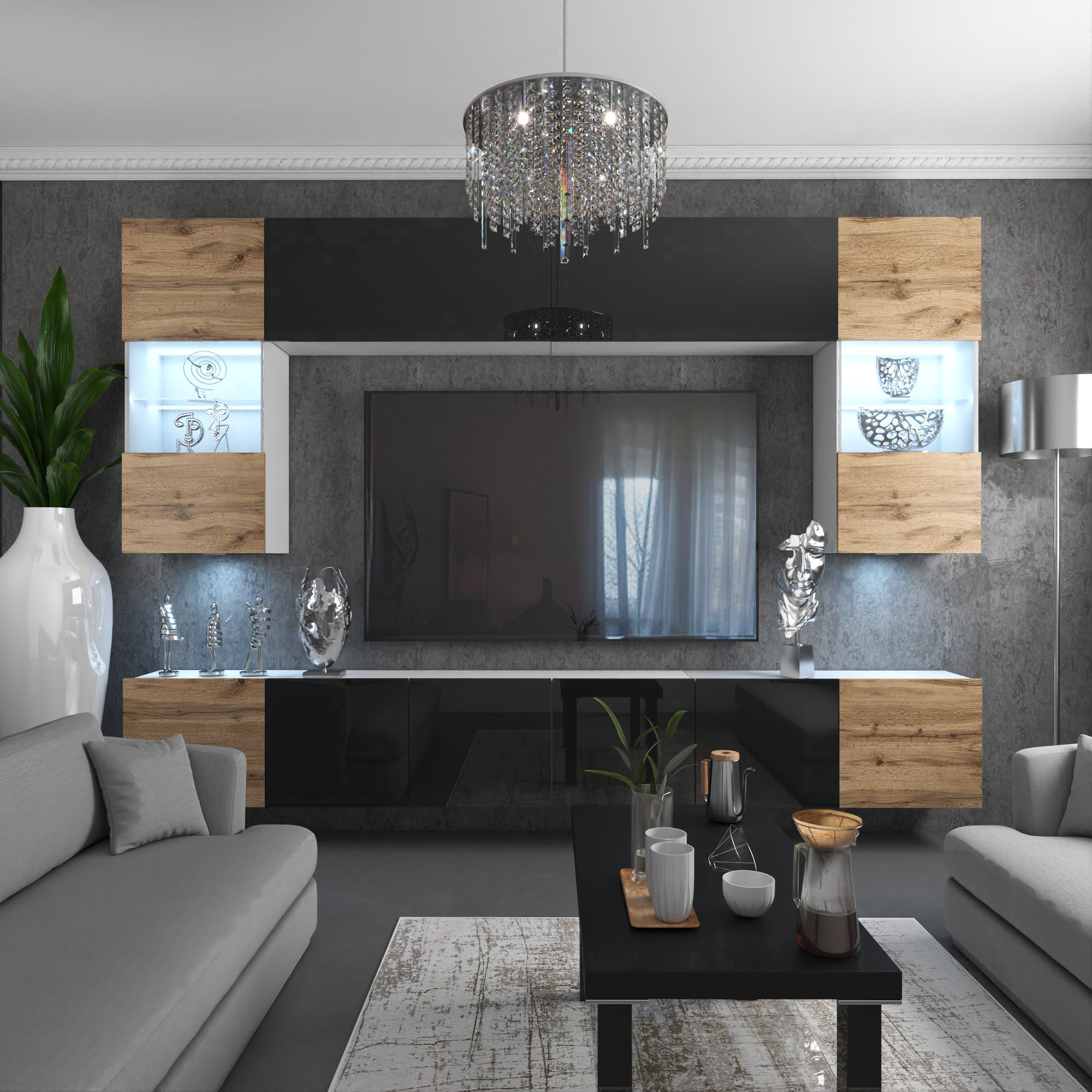 Elegantes Wohnzimmer mit symmetrischer Dekoration