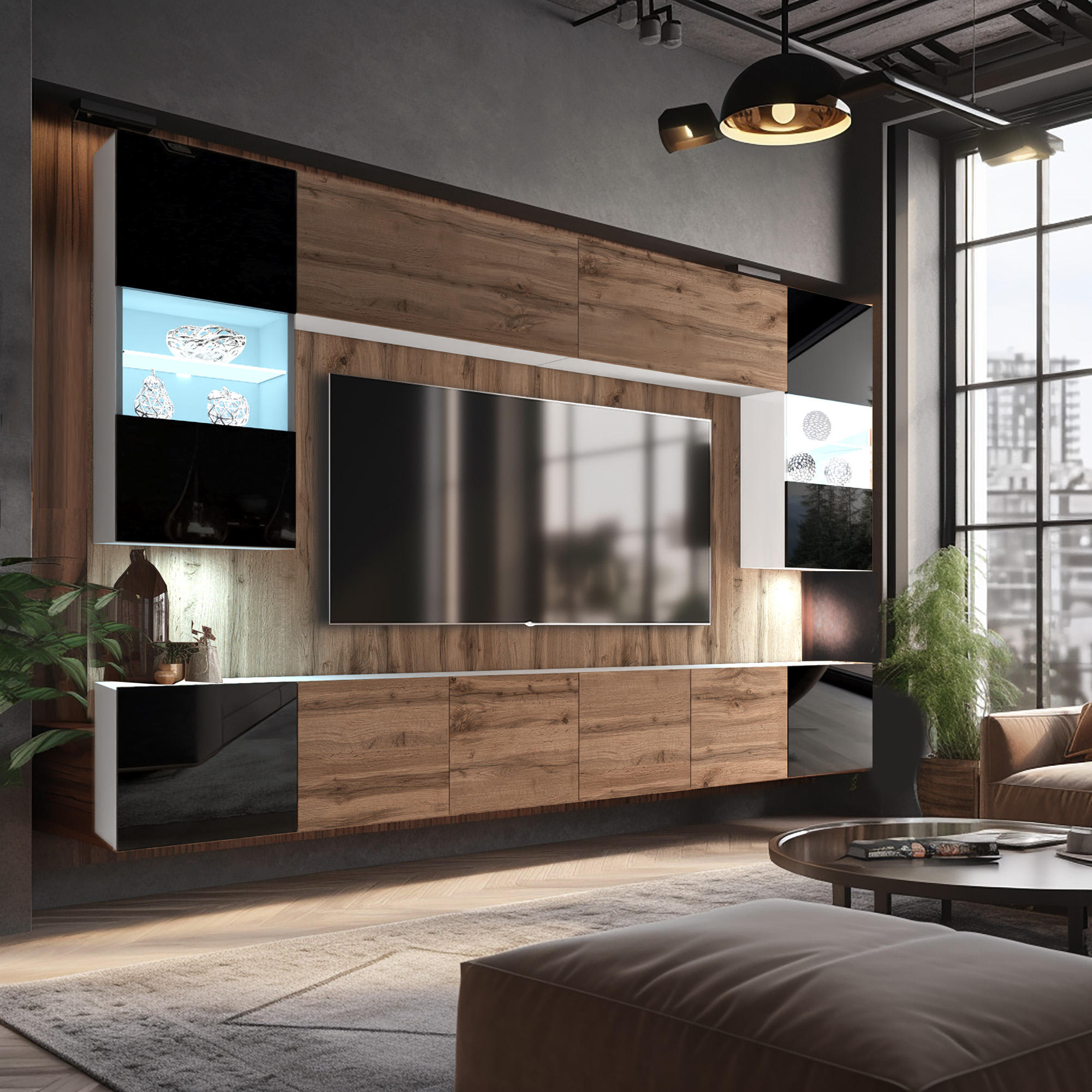 Wohnwand in Holz und Schwarzglas mit TV und LED-Vitrine