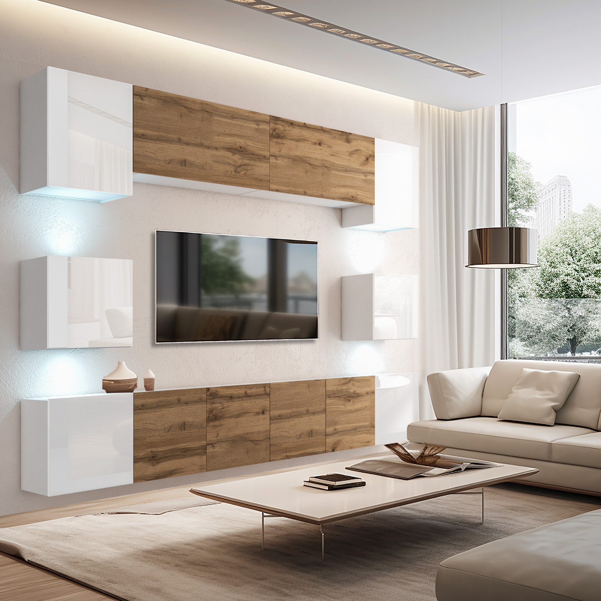 Holz-TV-Schrank im modernen Wohnzimmerinterieur