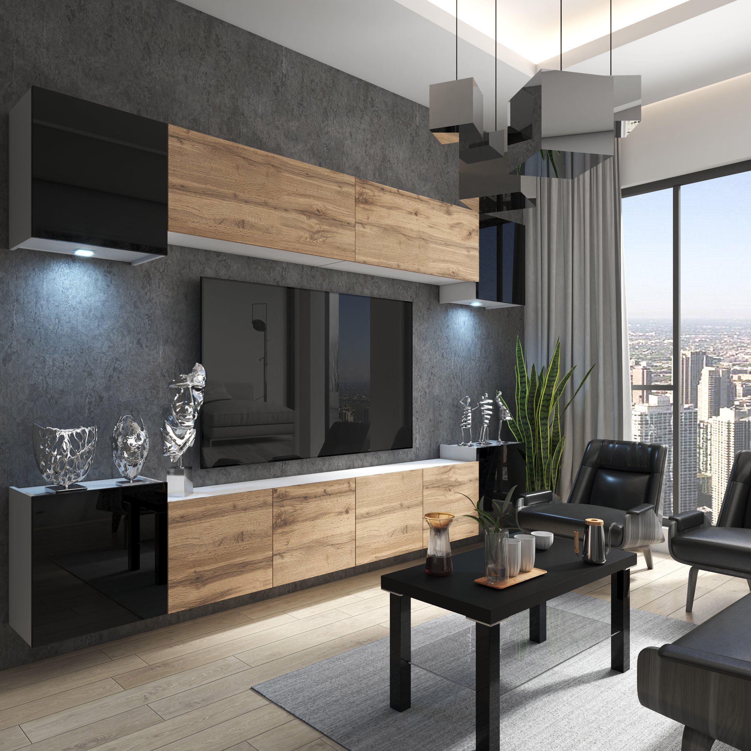 Wohnzimmer mit Holz und eleganten Möbeln
