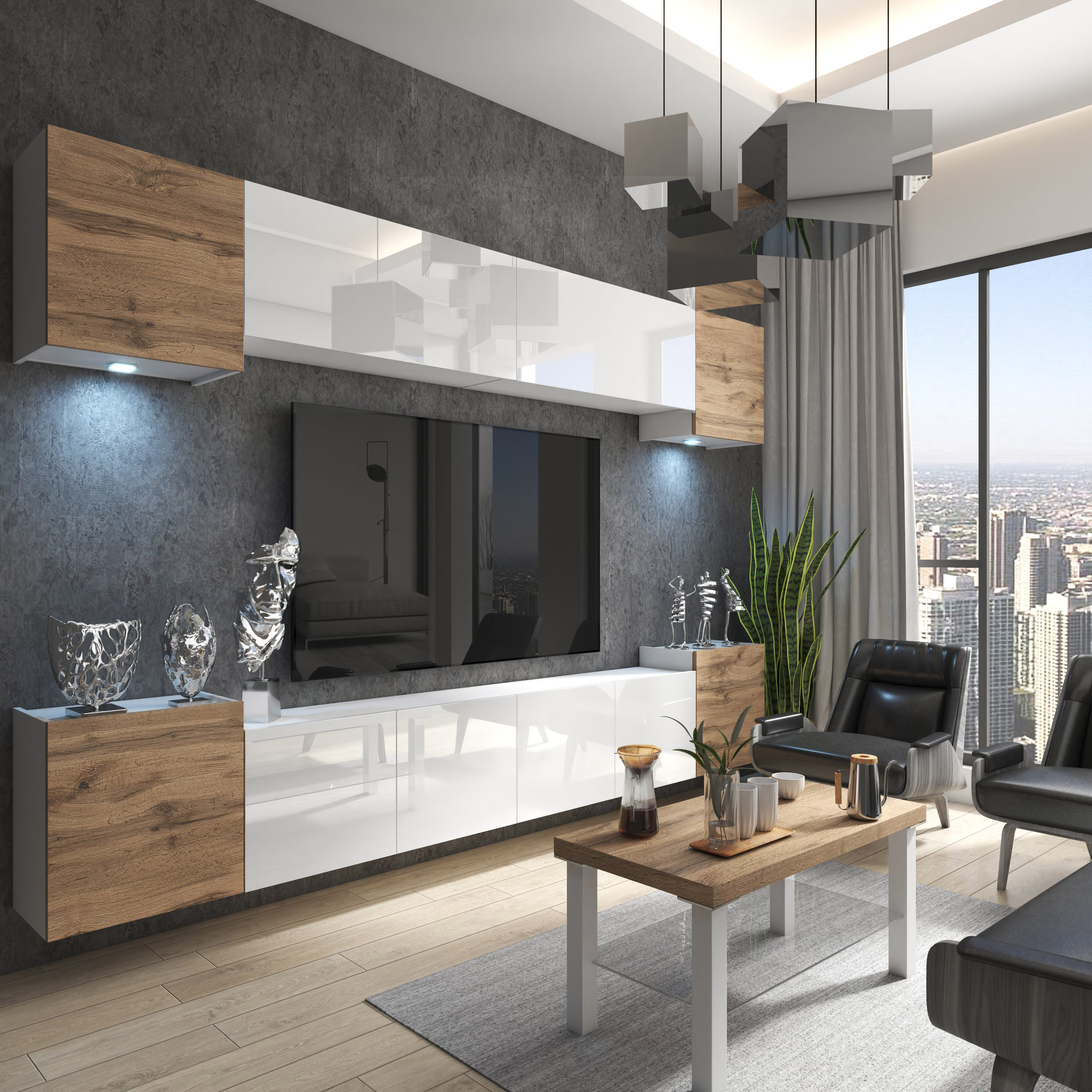Wohnzimmer mit weißer TV-Wand, Eiche und Stadtblick