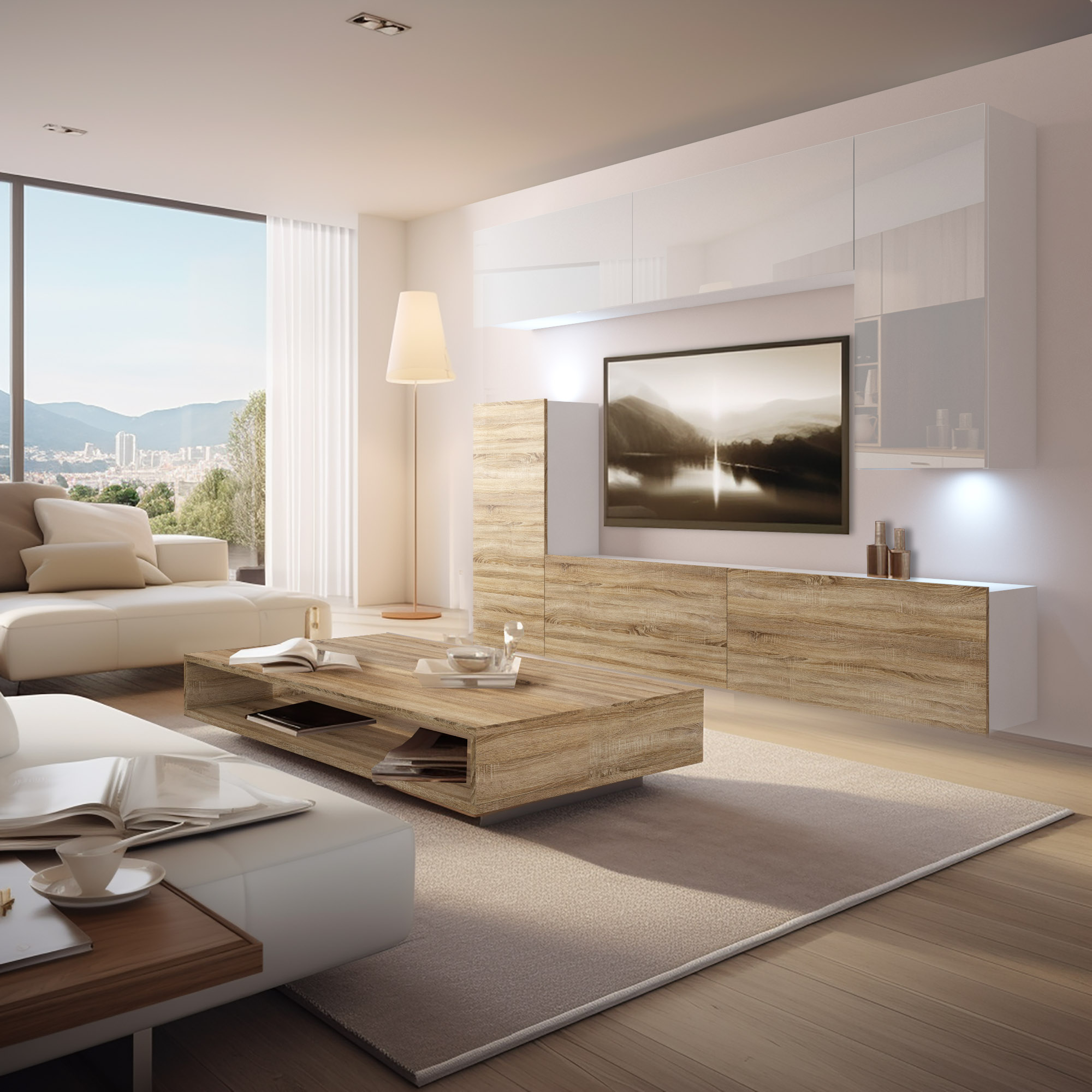 TV-Wand aus Holz mit weißem Sideboard und Couchtisch