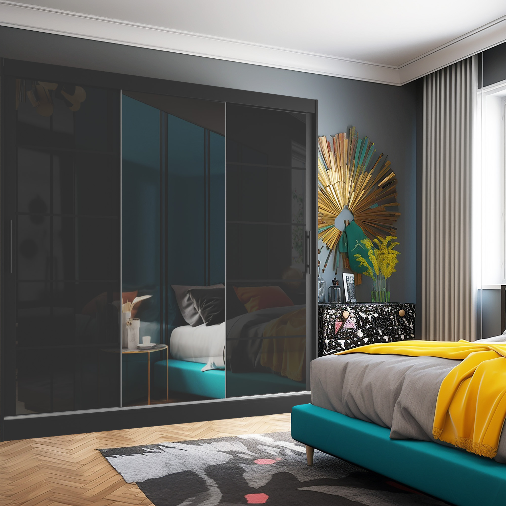 Schlafzimmer mit schwarzem Schrank und türkisfarbenem Bett