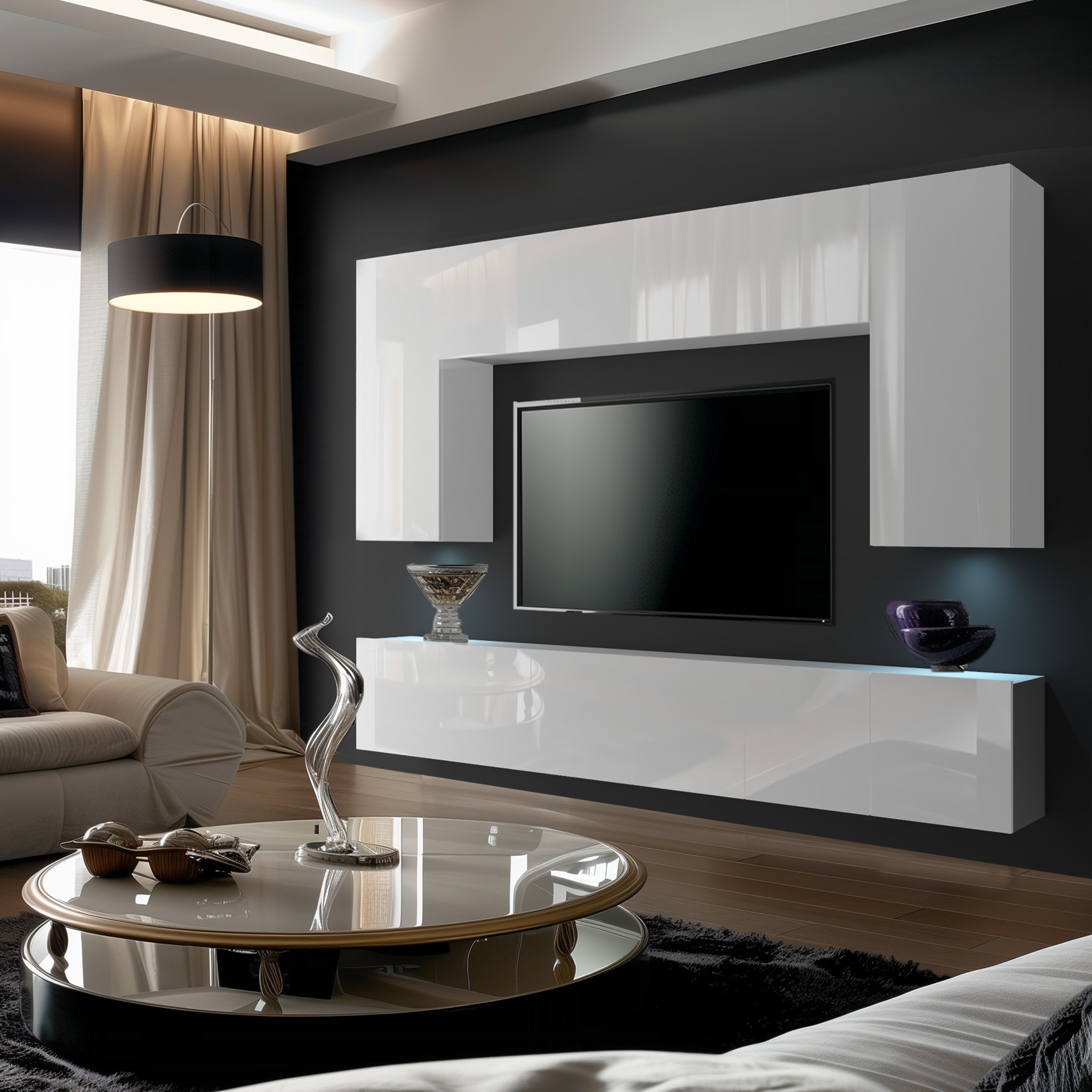Weißes Hochglanz-TV-Set vor dunkler Wand