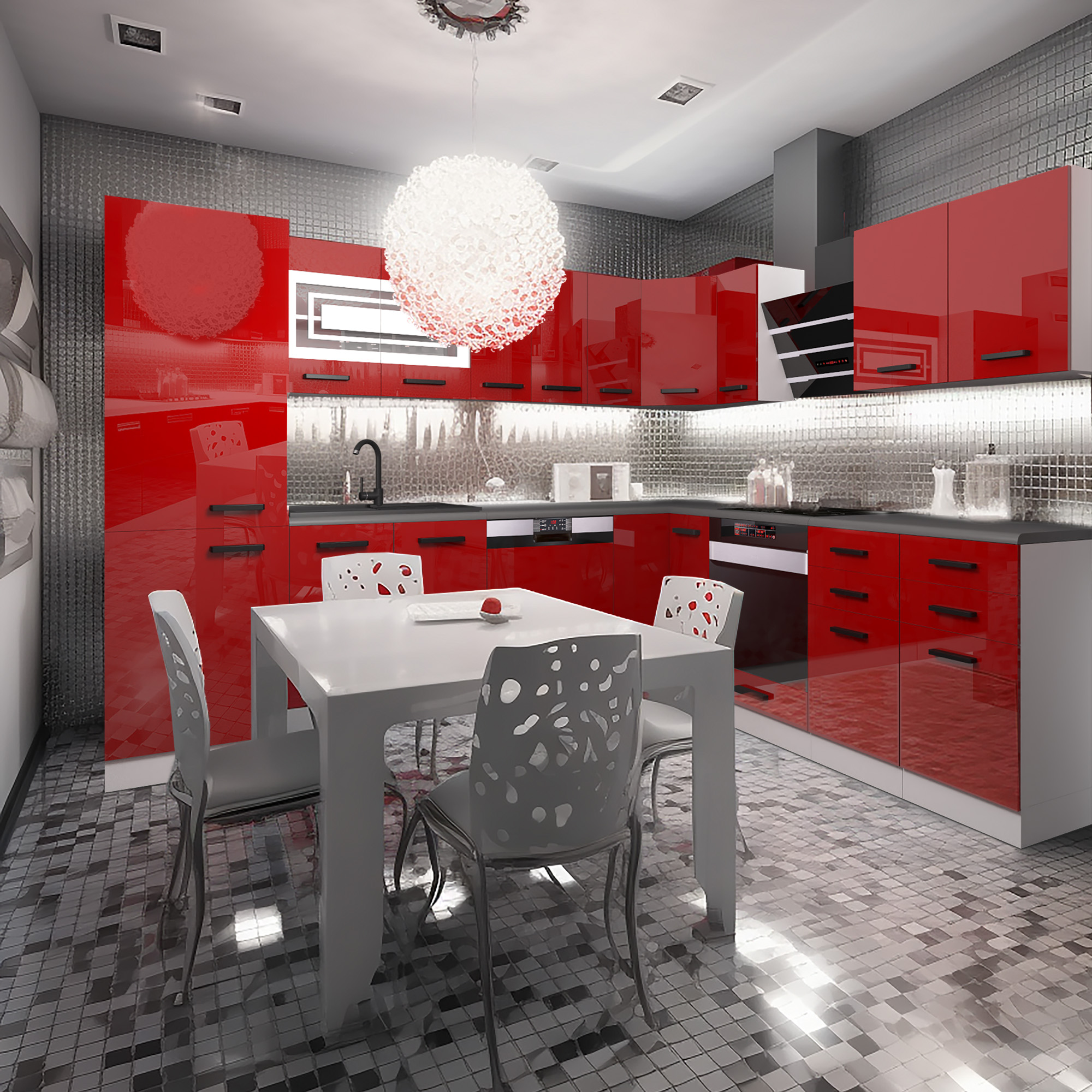 Rote Hochglanzküche mit Metallmosaik und weißem Esstisch
