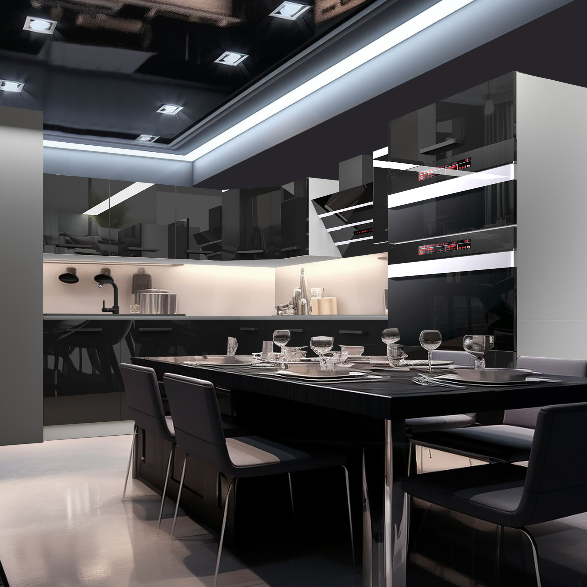 Schwarze Hochglanzküche mit LED und gedecktem Tisch