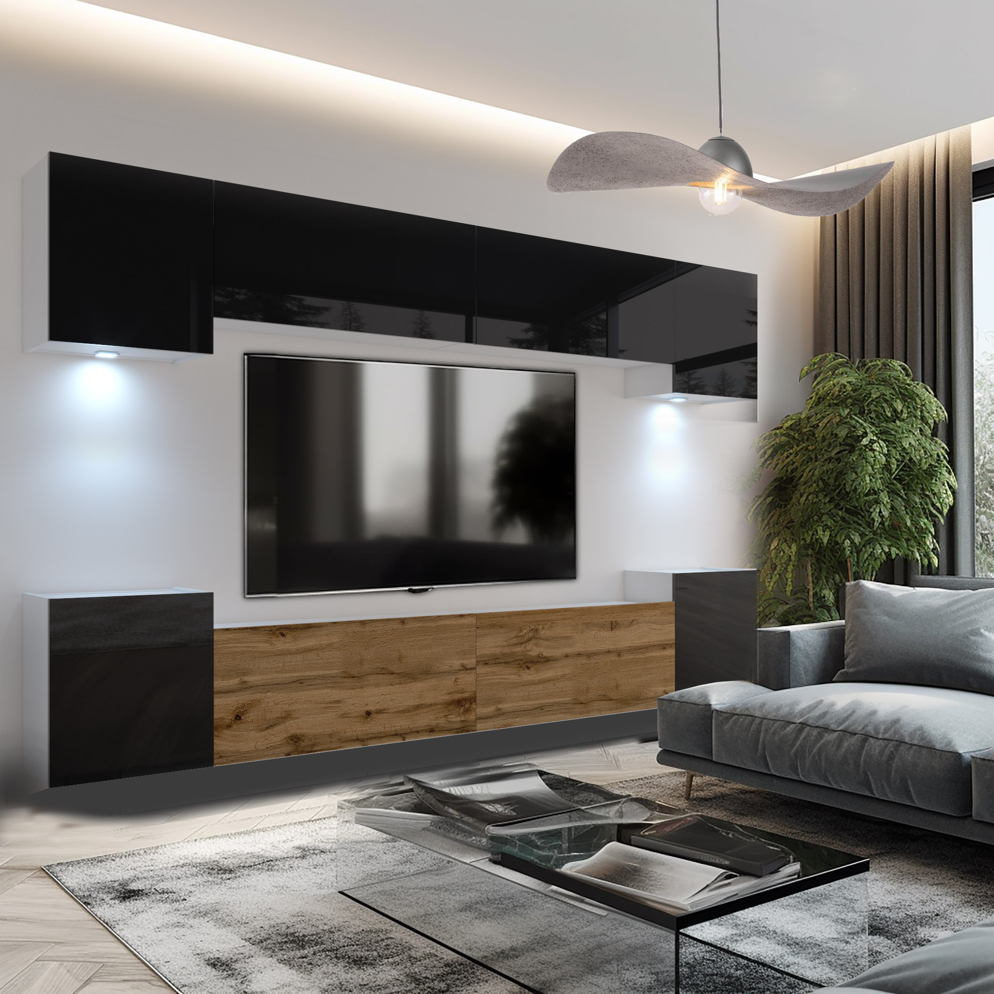Wohnwand schwarz mit Eiche, TV, Glas-Tisch und graues Sofa