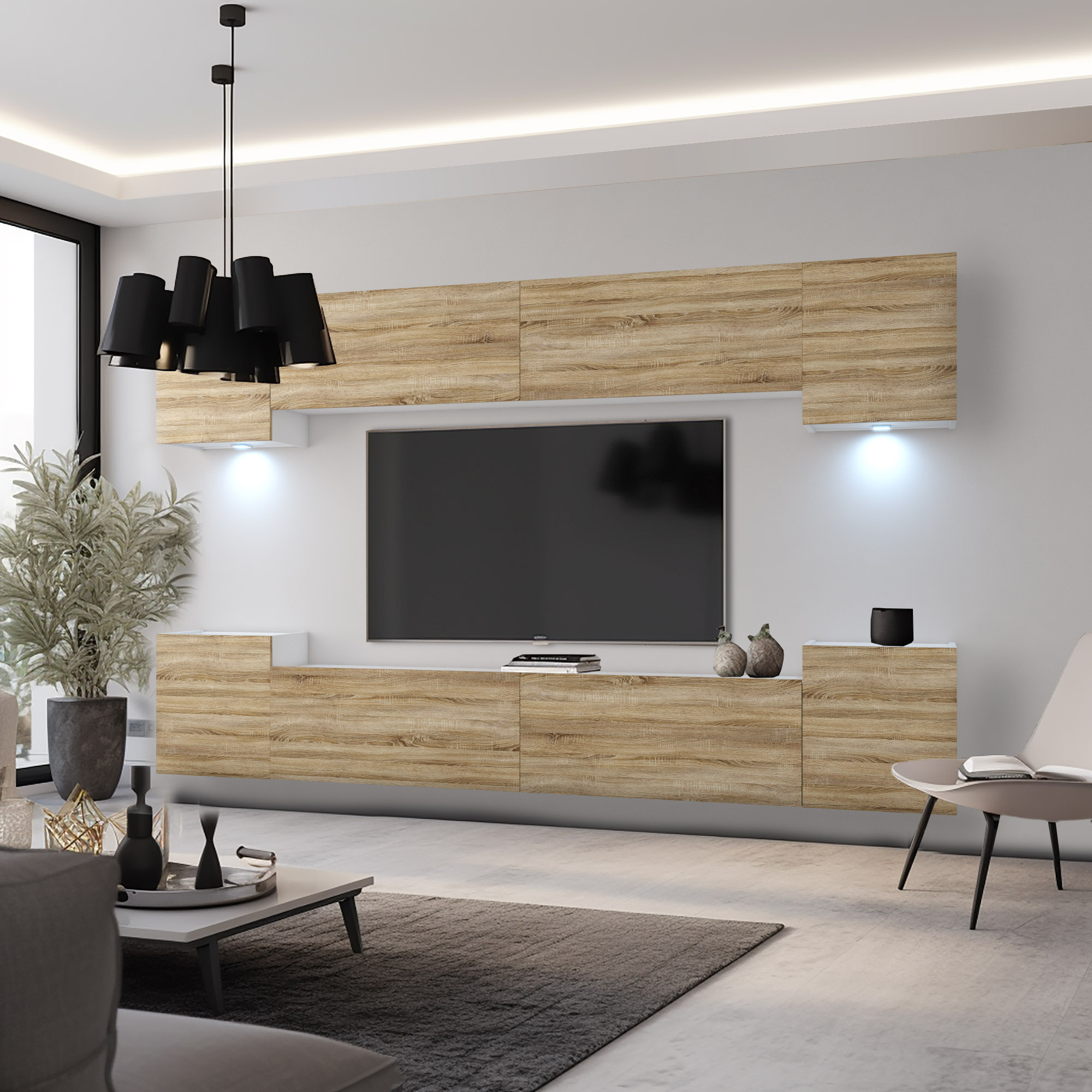 Helles Wohnzimmer mit schwebender Wohnwand in Holzoptik