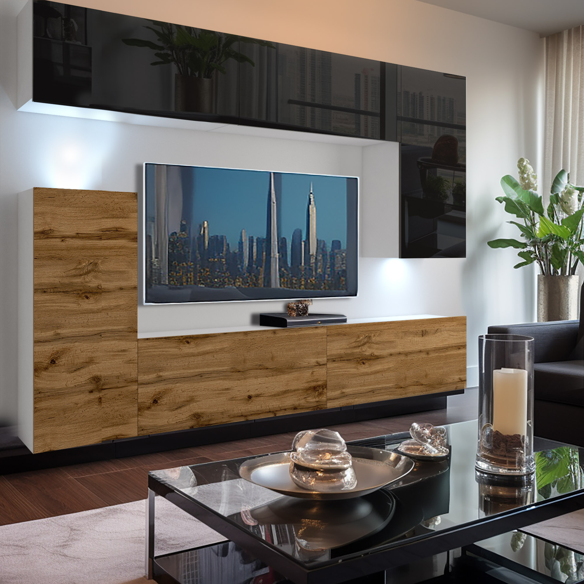 Wohnwand in Holz und Schwarz mit Glas-Couchtisch