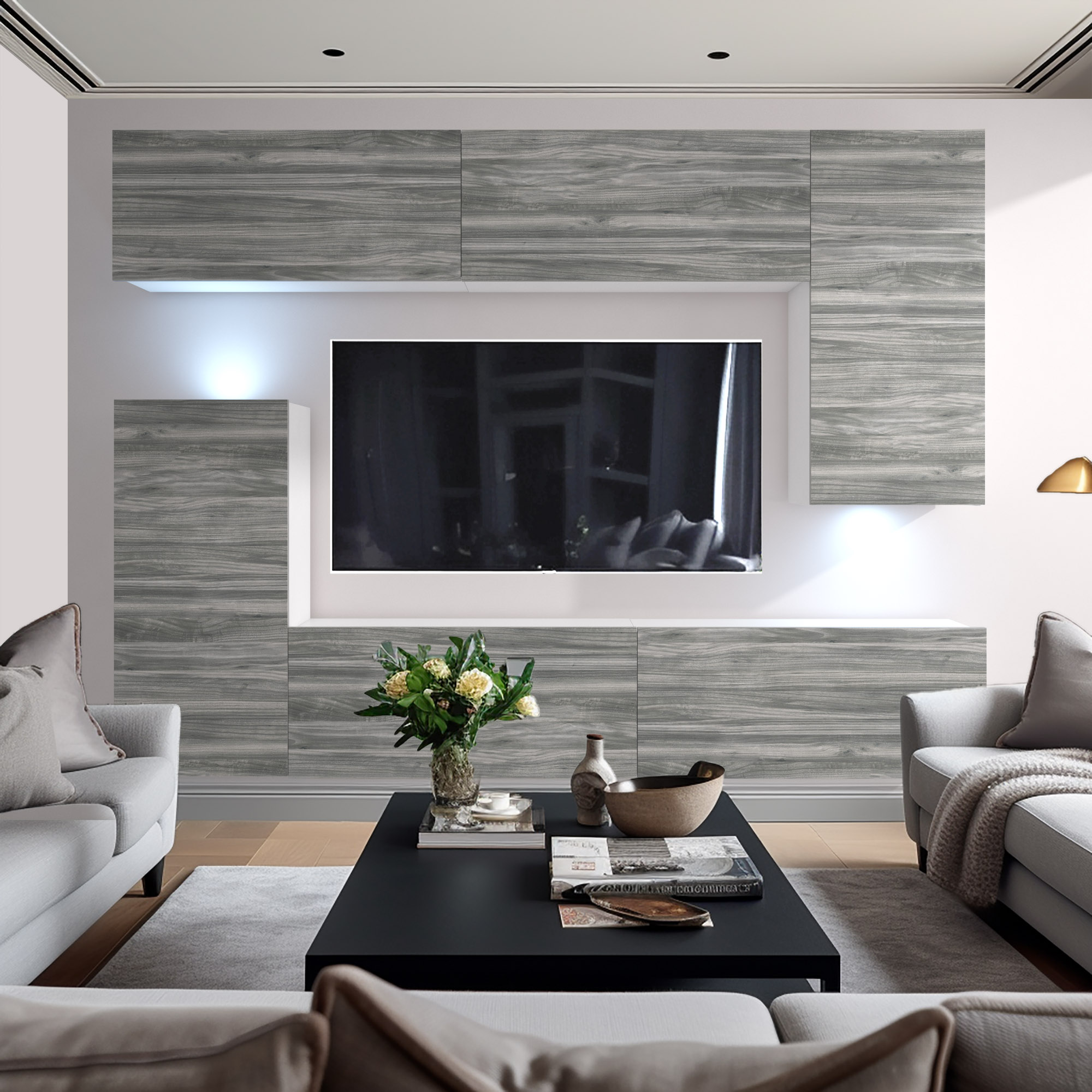 Wohnzimmer mit grauer TV-Wand und schwarzem Couchtisch