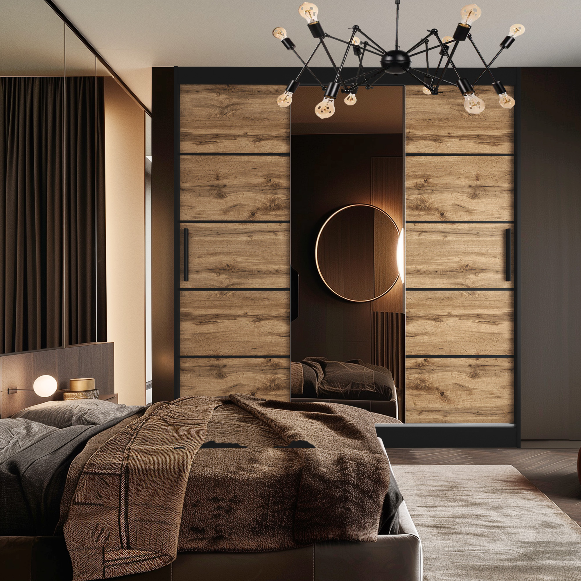 Schlafzimmer mit Schwebetürschrank Holzdekor und Spiegel