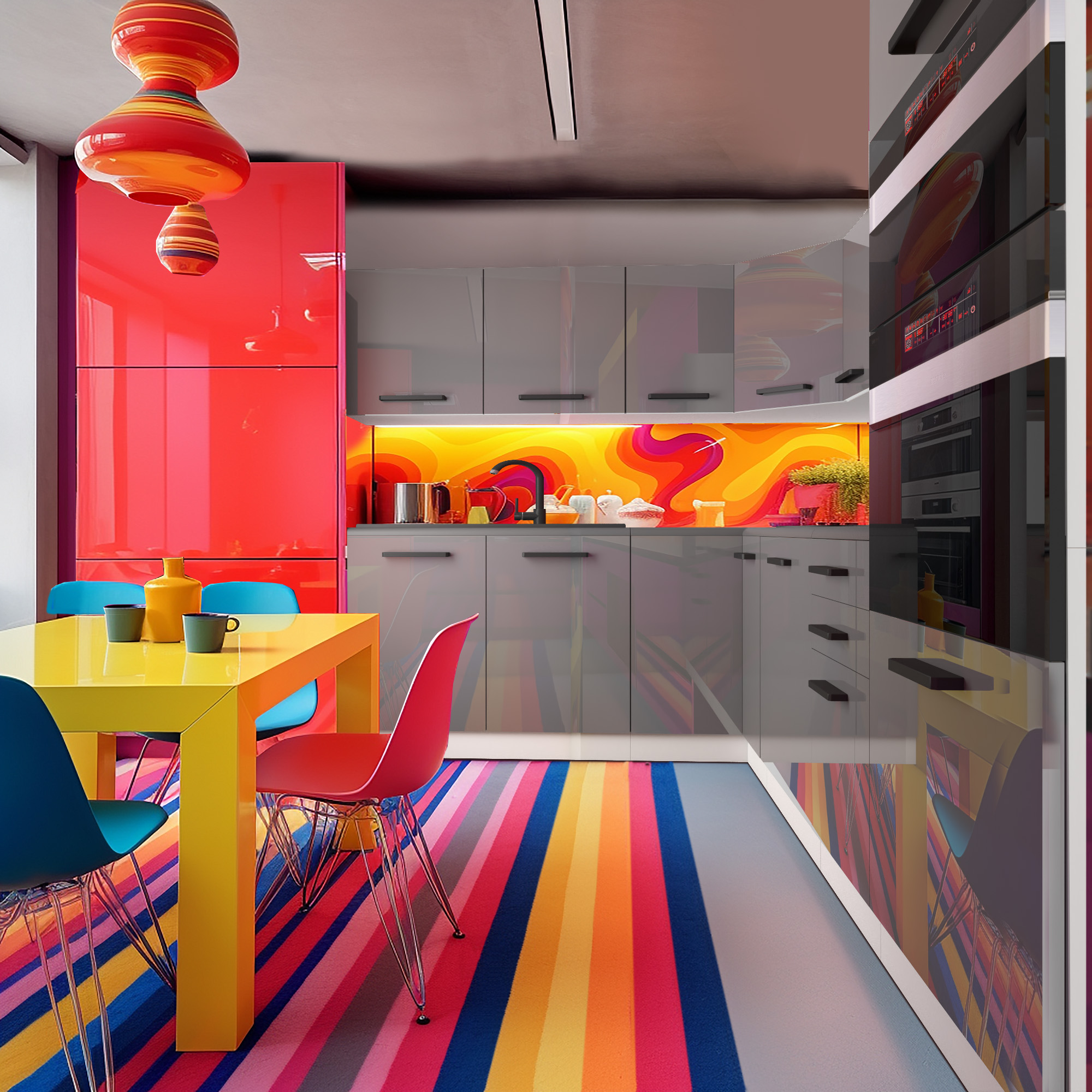 Bunte Küche mit grauen Fronten und gelbem Tisch