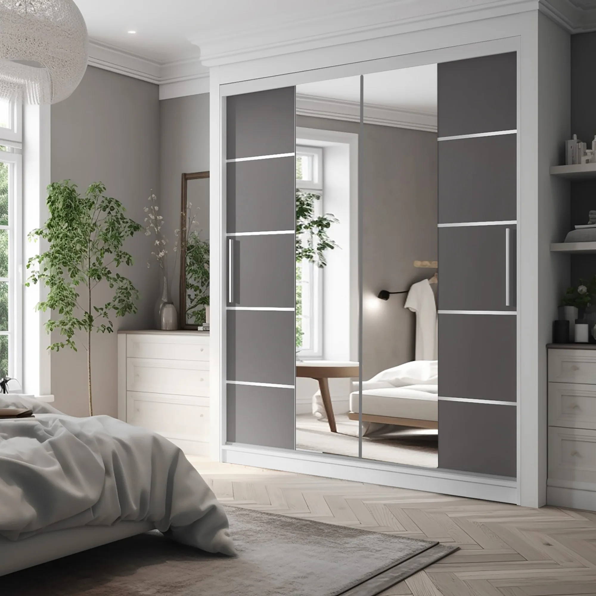 Helles Schlafzimmer mit Spiegelschrank und grauen Fronten