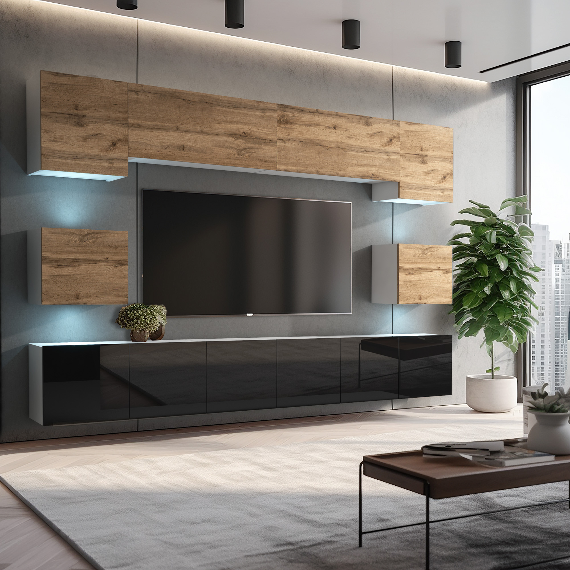 TV-Wand mit Schwarzglas und Eiche, schwebende Möbel