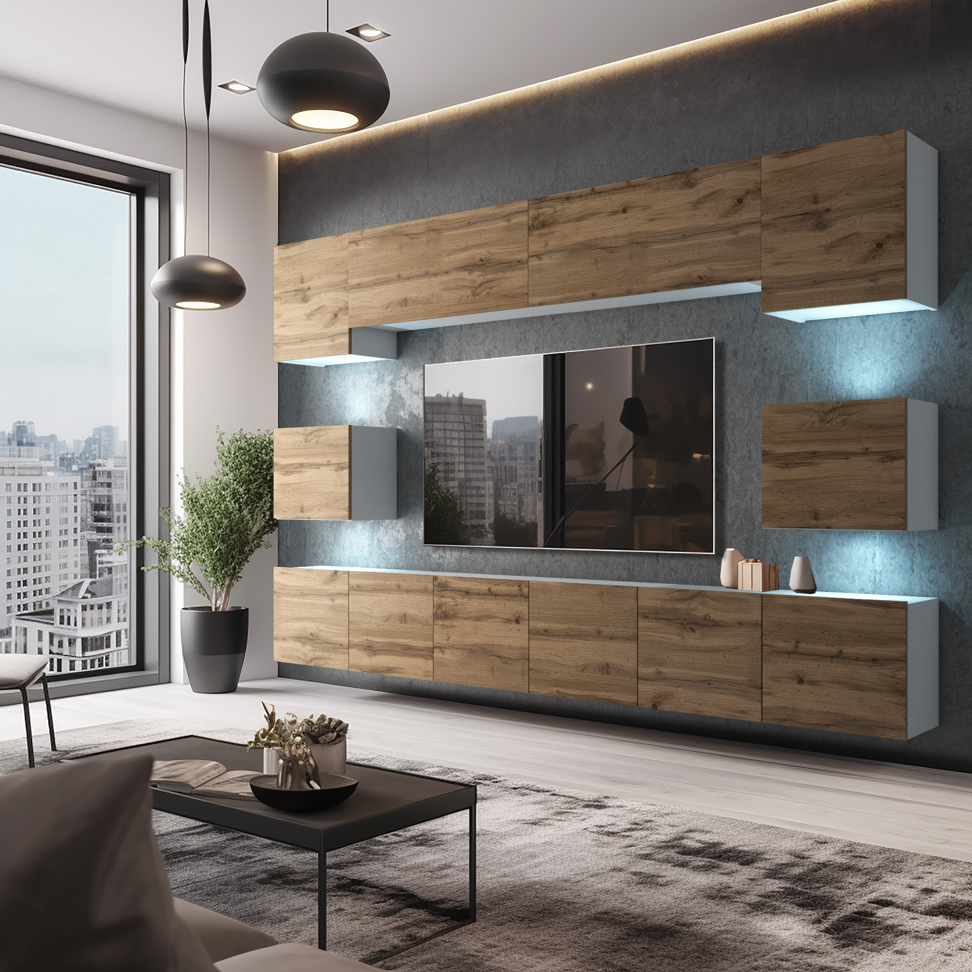 Wohnzimmerwand in Holzoptik mit LED und Stadtblick