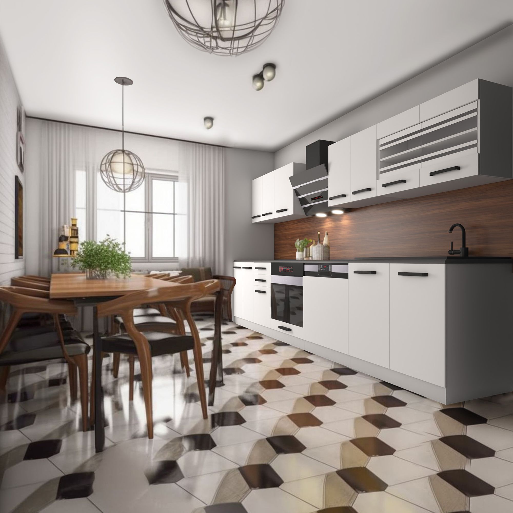 Weisse Küche mit Holzrückwand und hexagonalem Boden