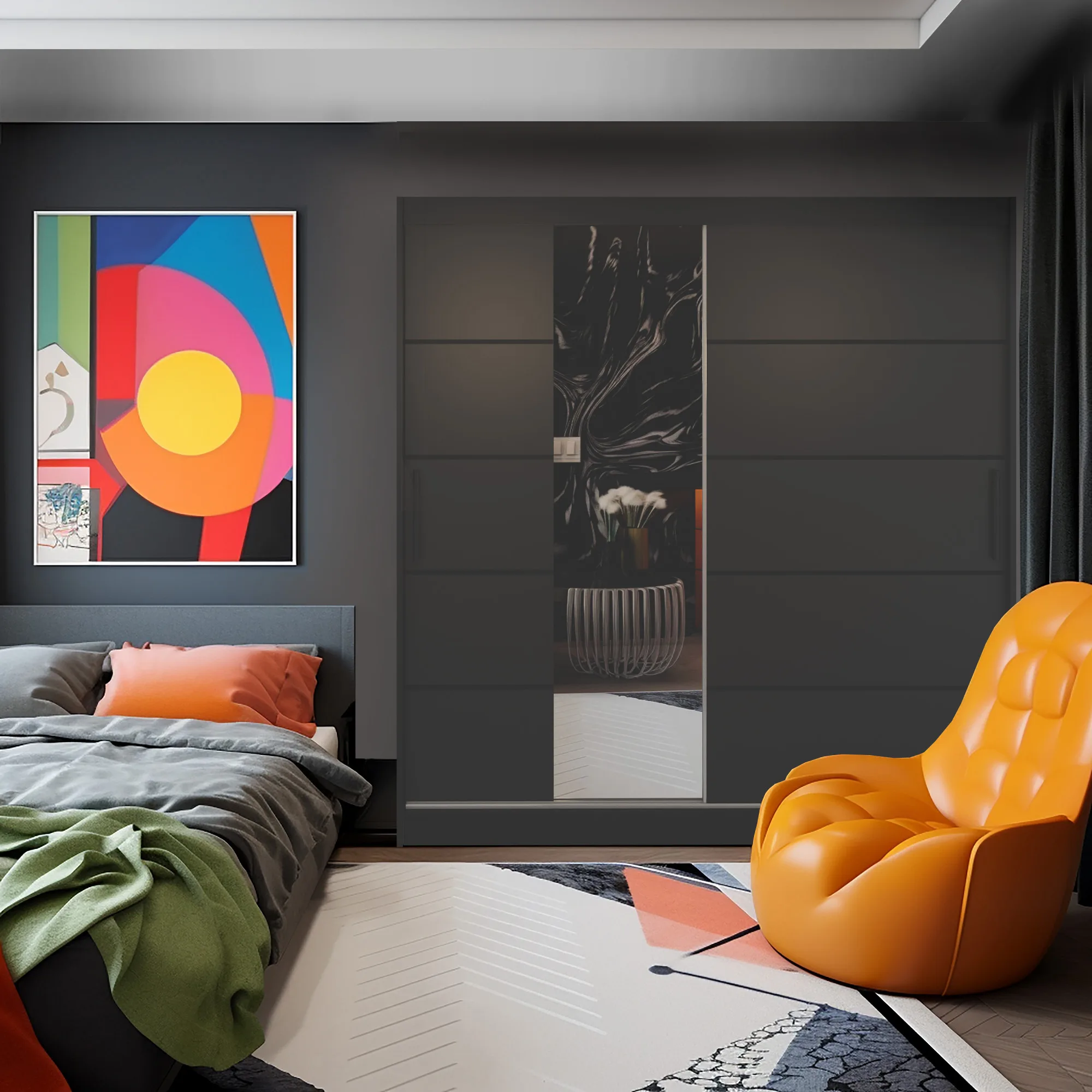 Dunkle Ruhe mit Farbakzenten – Schlafzimmer mit Spiegelschrank