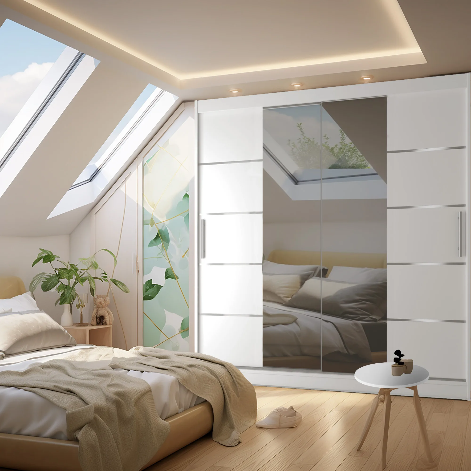Helles Dachzimmer mit Spiegel-Schiebetürschrank