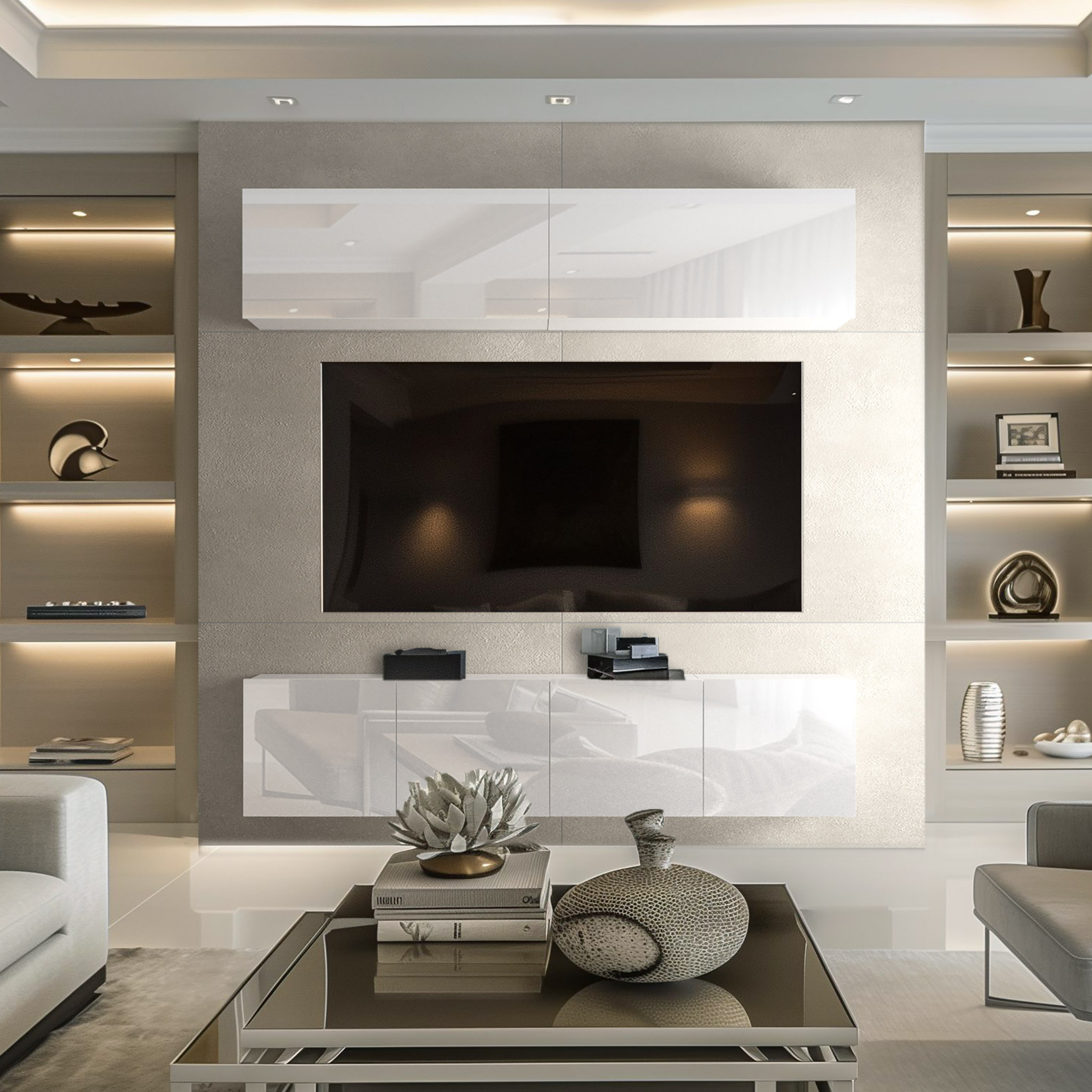 Lichtklar und gemütlich – Wohnzimmer mit Hochglanz-TV-Wand