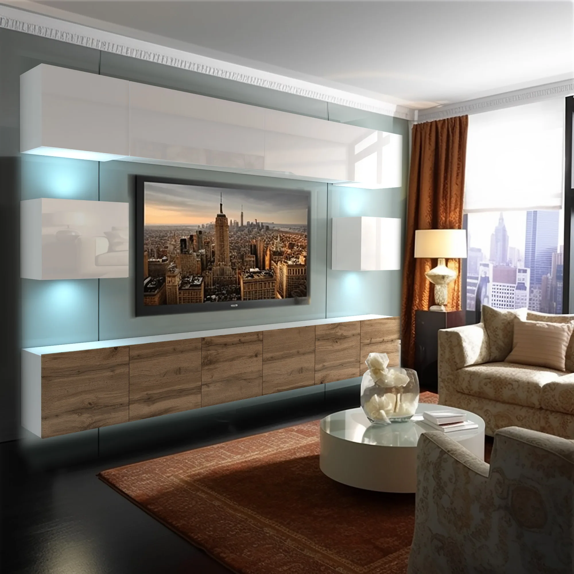 TV-Wand mit LED und Holzfronten im wohnlichen Salon