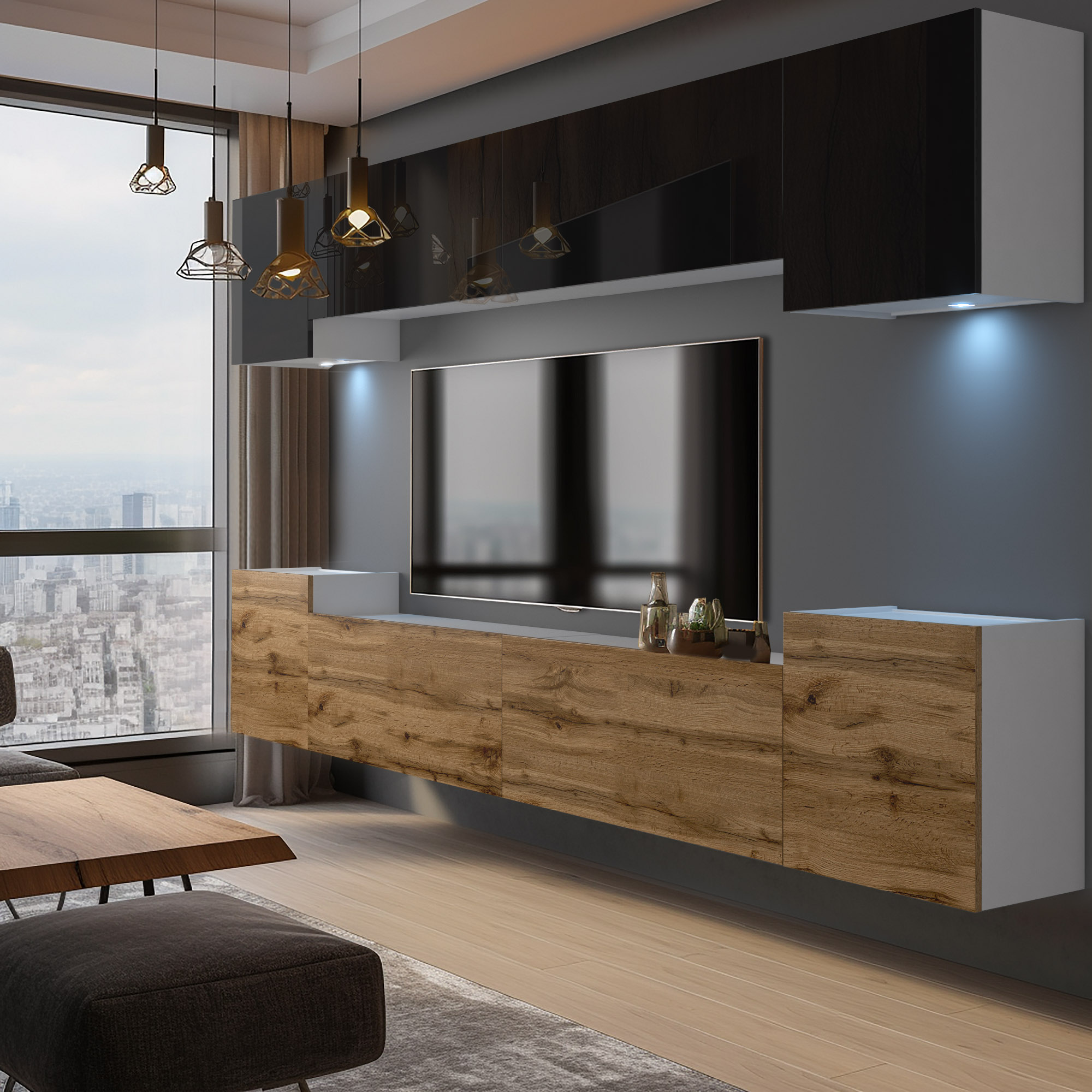 TV-Wand mit Eichenfronten, Schwarzglanz und LED-Licht