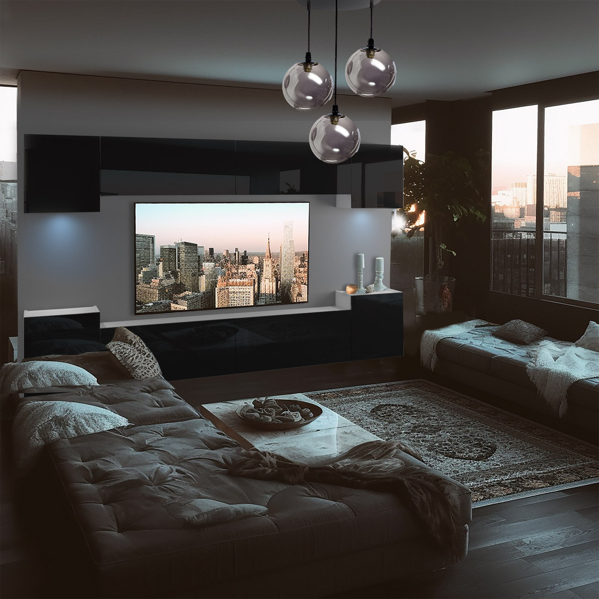 Dunkles Wohnzimmer mit TV‑Wand, Sofas und Stadtblick