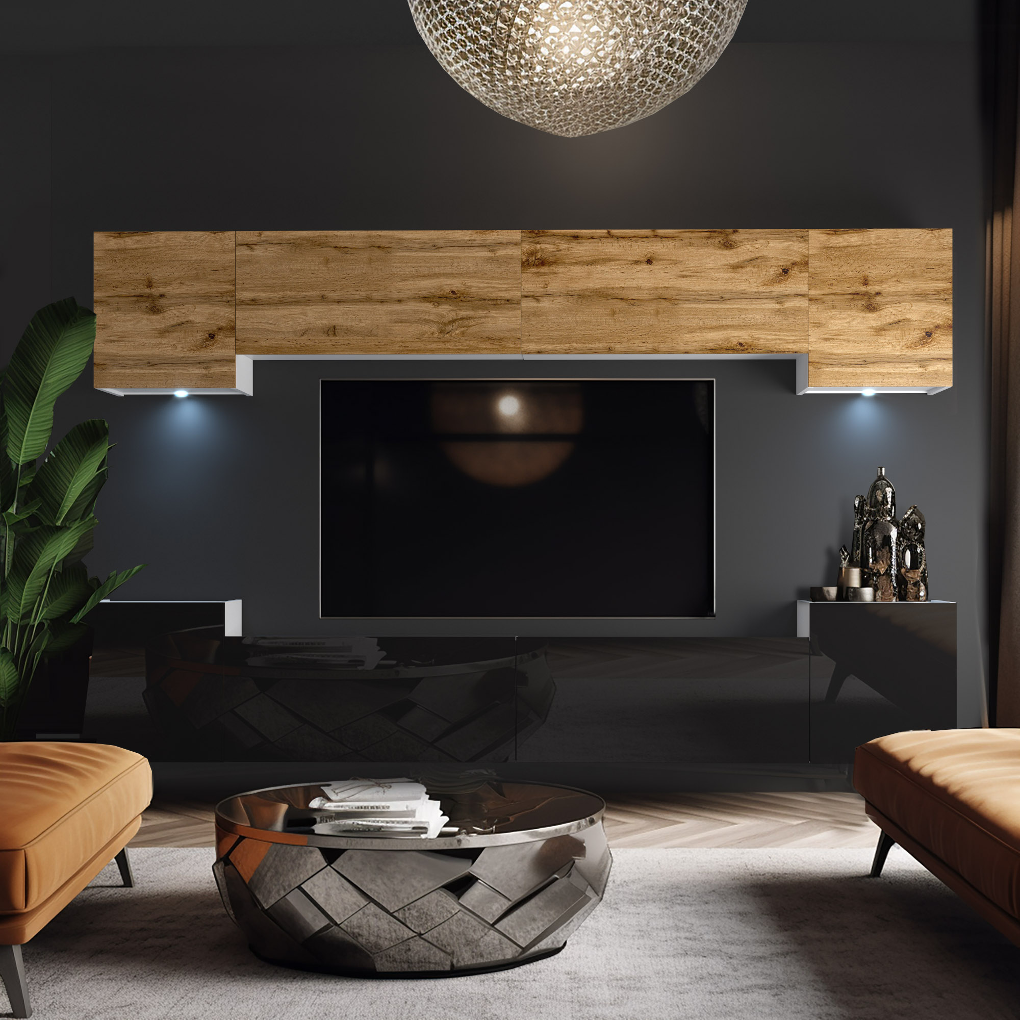 Warme Kontraste und sanftes Licht – Wohnzimmer mit Holz‑Medienwand
