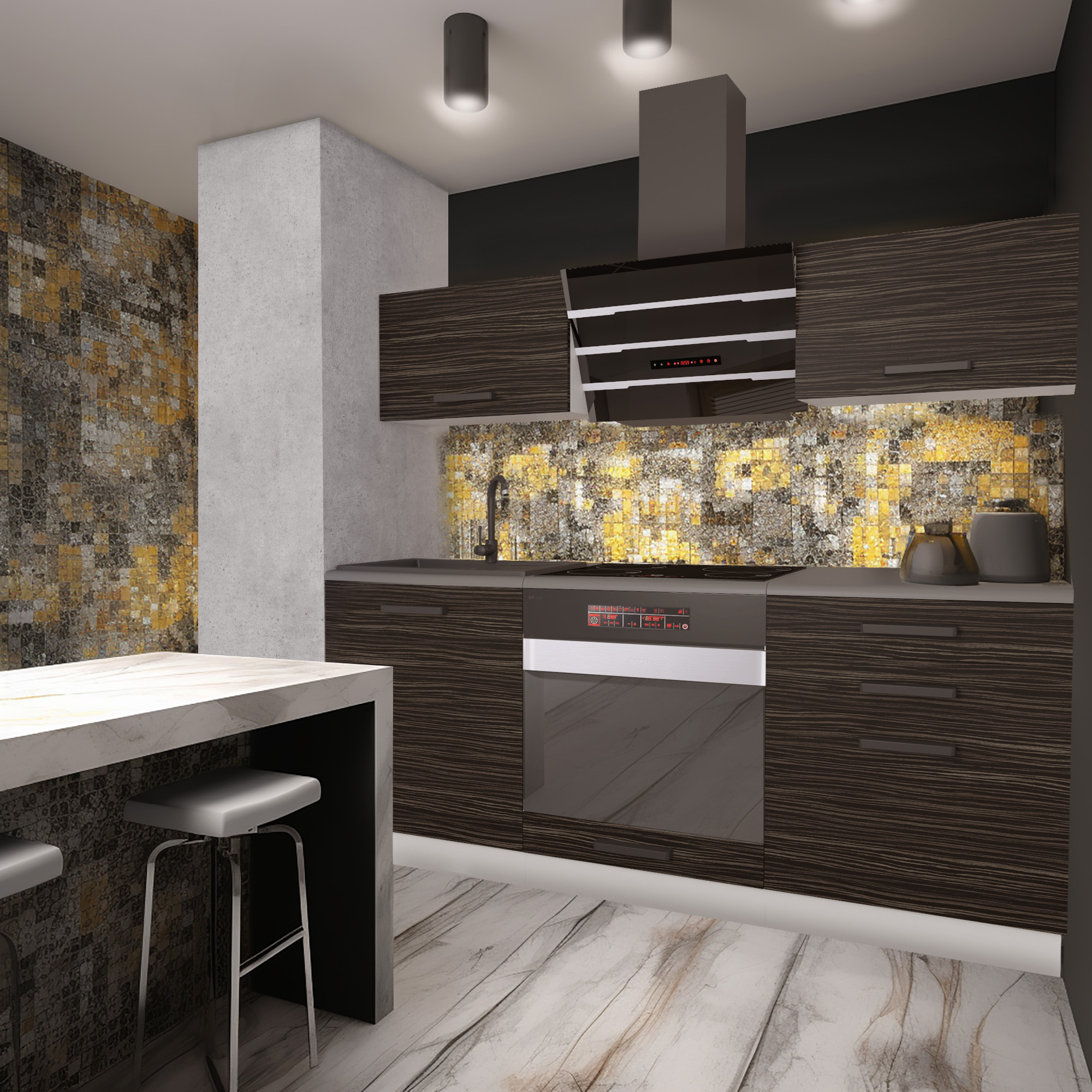 Küche mit dunklen Fronten und goldener Mosaik-Rückwand